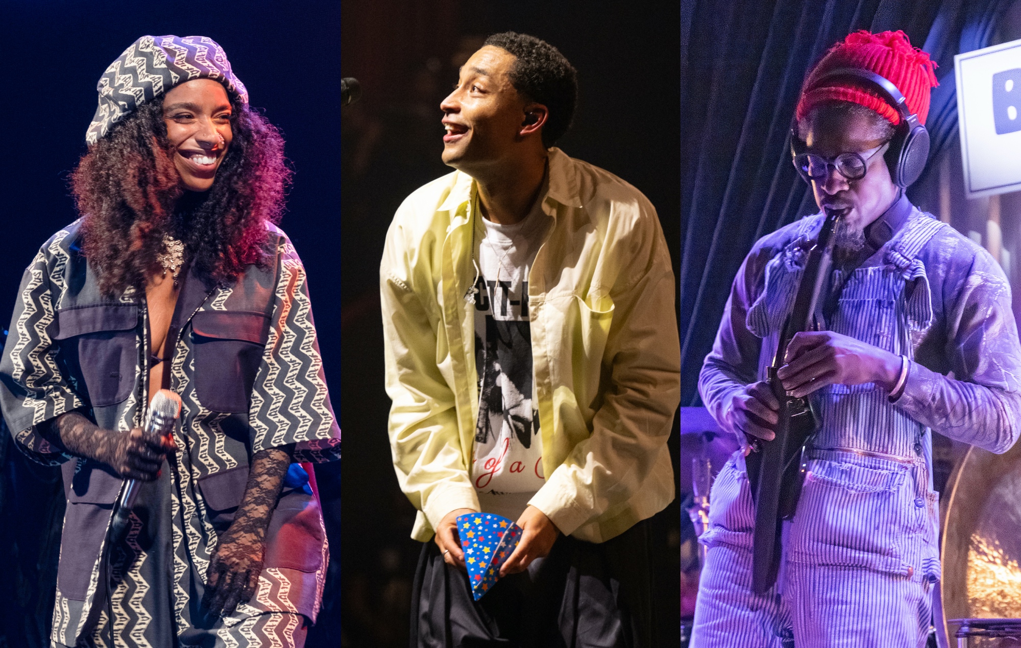 three side by side photographs of Lianne La Havas (left), Loyle Carner (centre) and André 3000 (right) performing live on stage