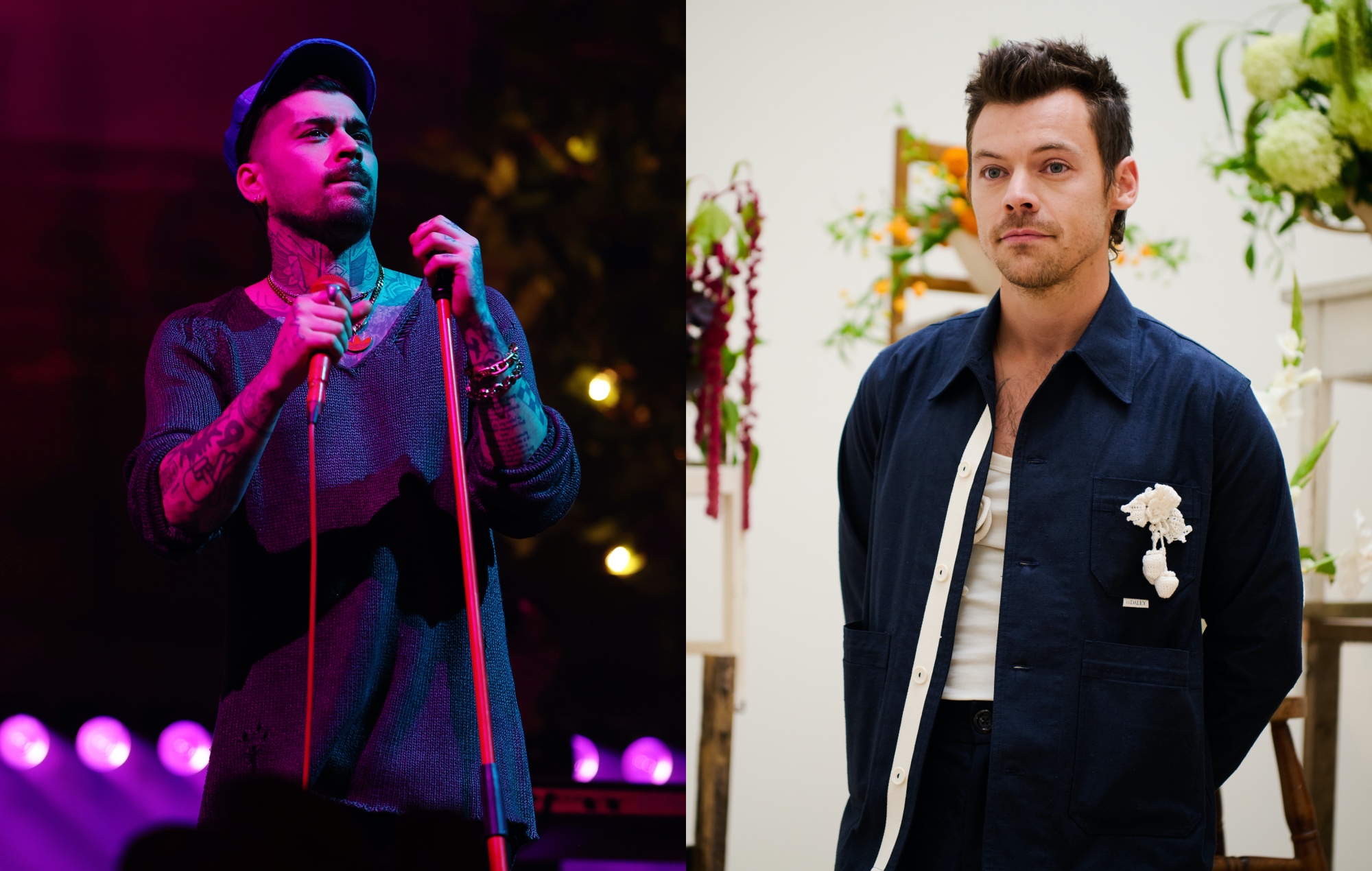 two side by side photographs of Zayn Malik (left) and Harry Styles (right)