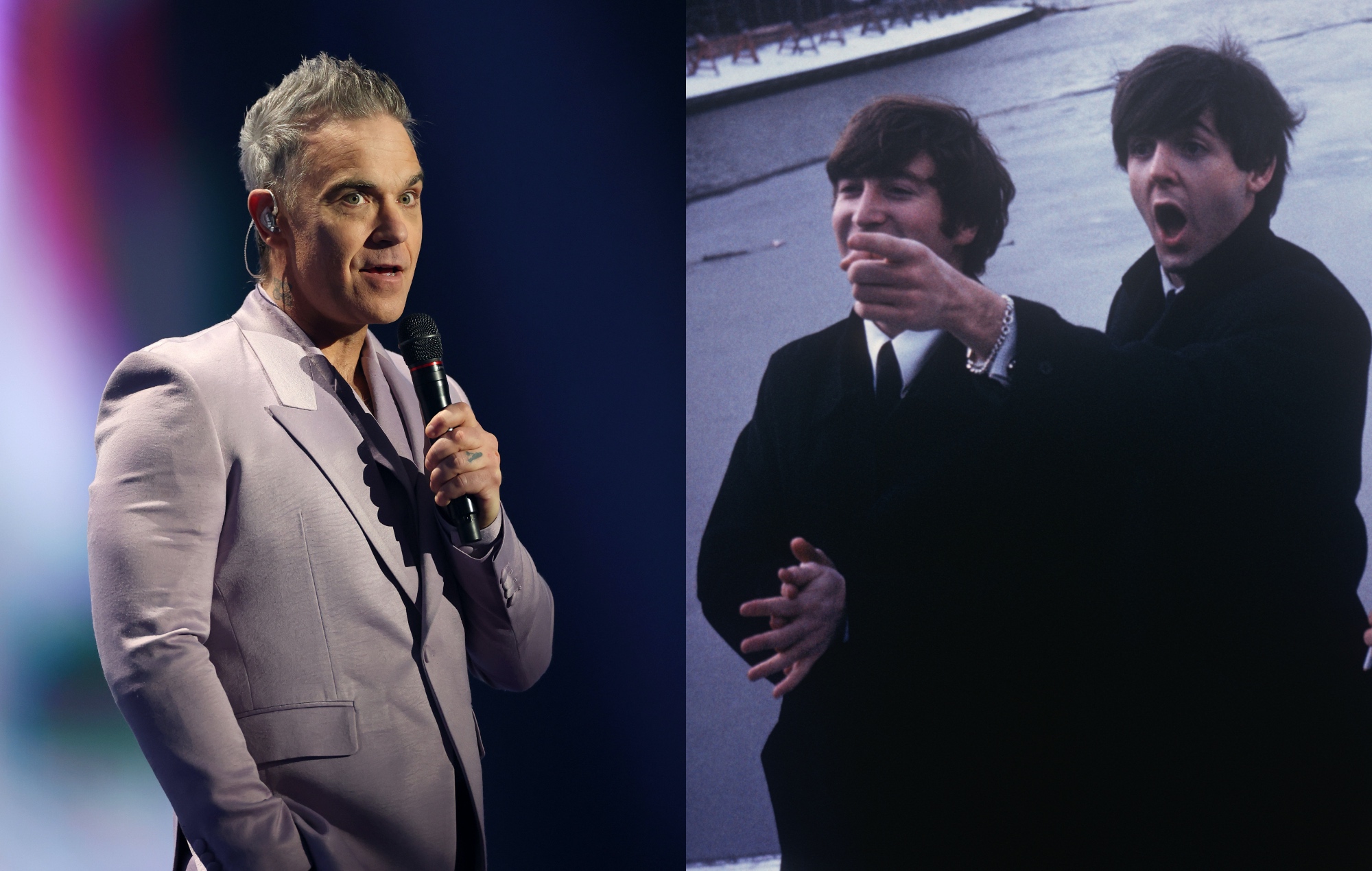 two side by side pictures of Robbie Williams (left) and The Beatles (right)