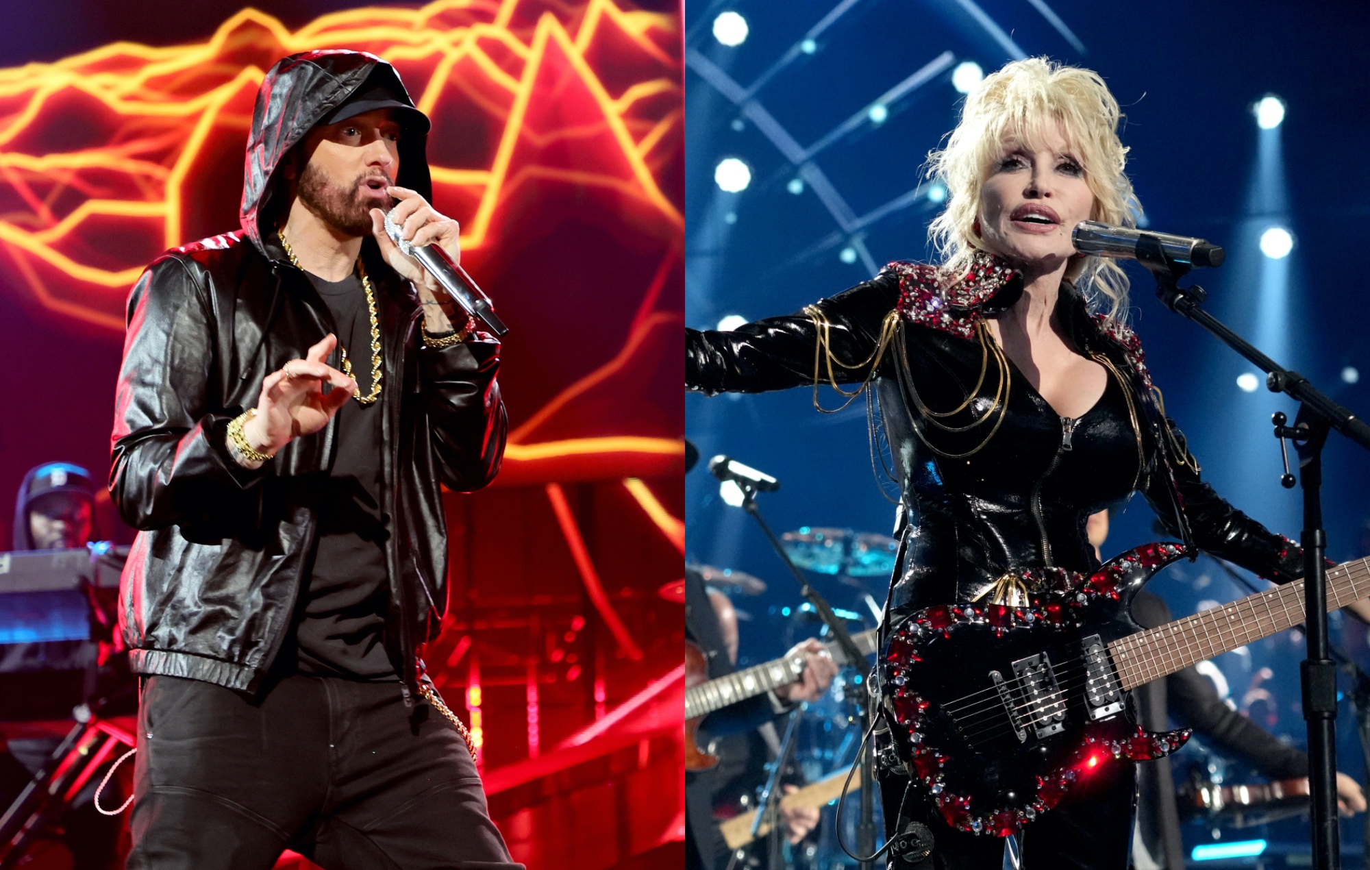 two side by side pictures of Eminem (left) and Dolly Parton (right) performing live on stage