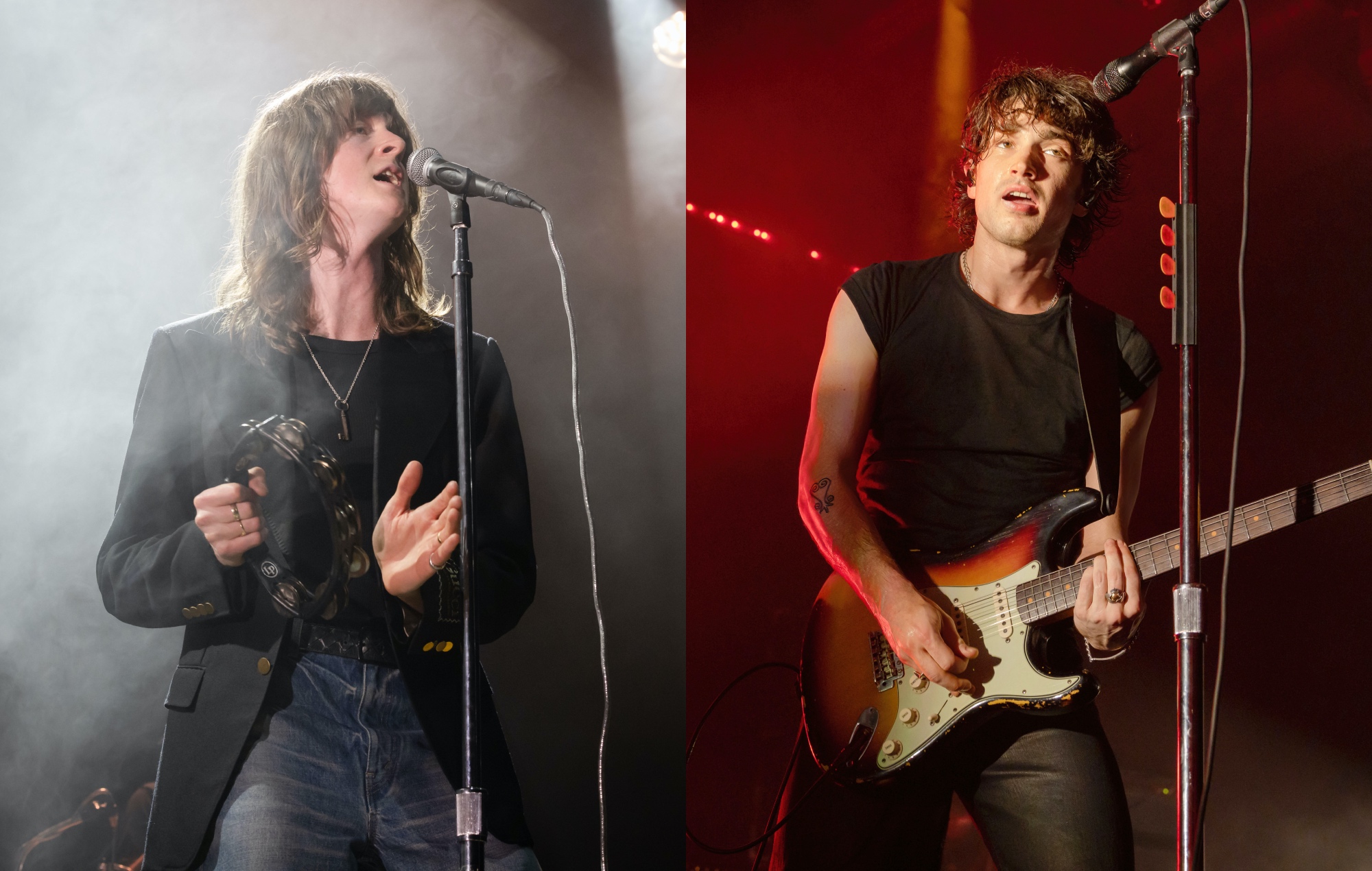 two side by side photographs of Blossoms' Tom Ogden (left) and Inhaler's Elijah Hewson (right) performing live on stage
