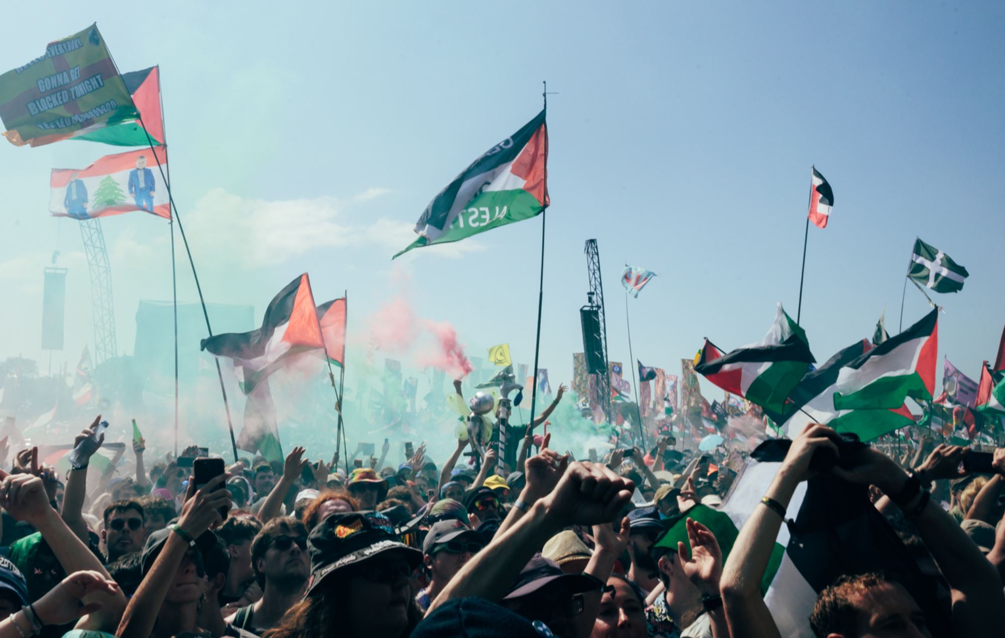 Crowds at the West Holts stage as Kneecap perform at Glastonbury 2025, photo by Andy Ford