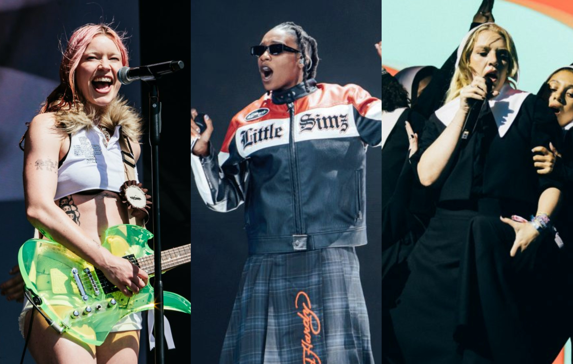 three side by side photographs of Wet Leg (left), Little Simz (centre) and Self Esteem (right) performing live on stage