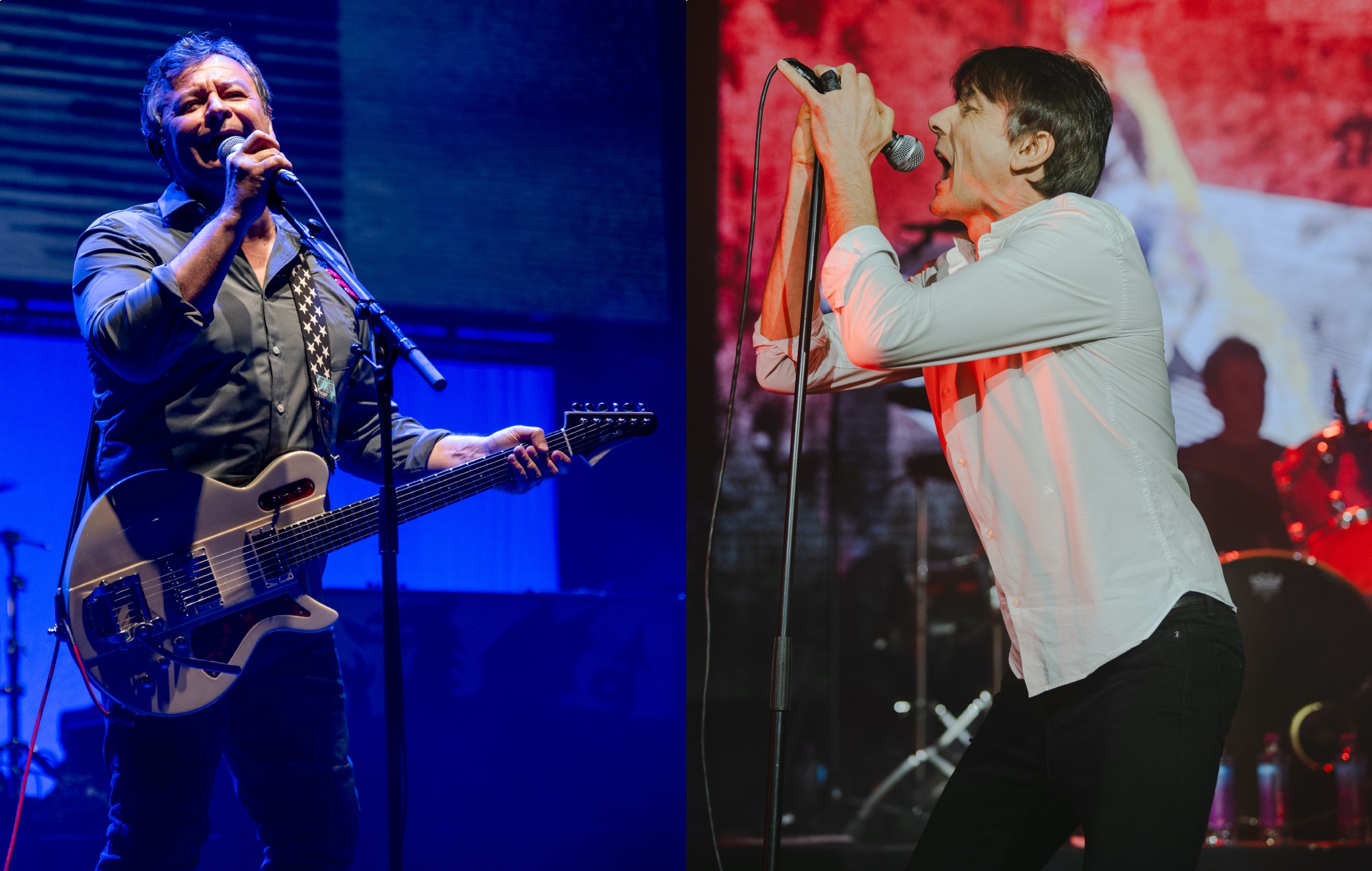 two side by side photographs of Manic Street Preachers (left) and Suede (right) performing live