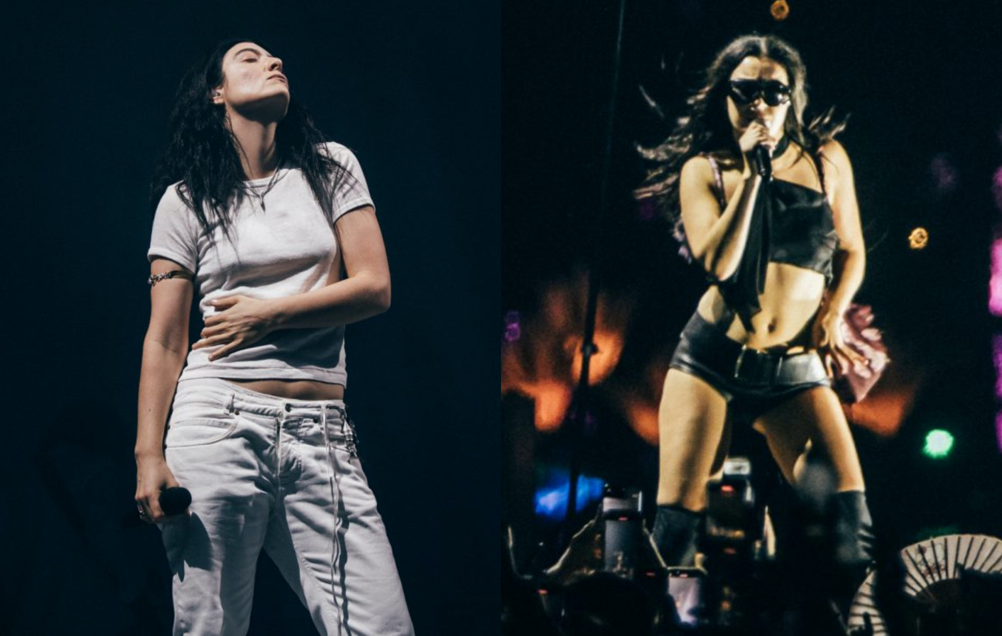 two side by side pictures of Lorde (left) and Charli XCX (right) performing live on stage, by Derek Bremner for NME
