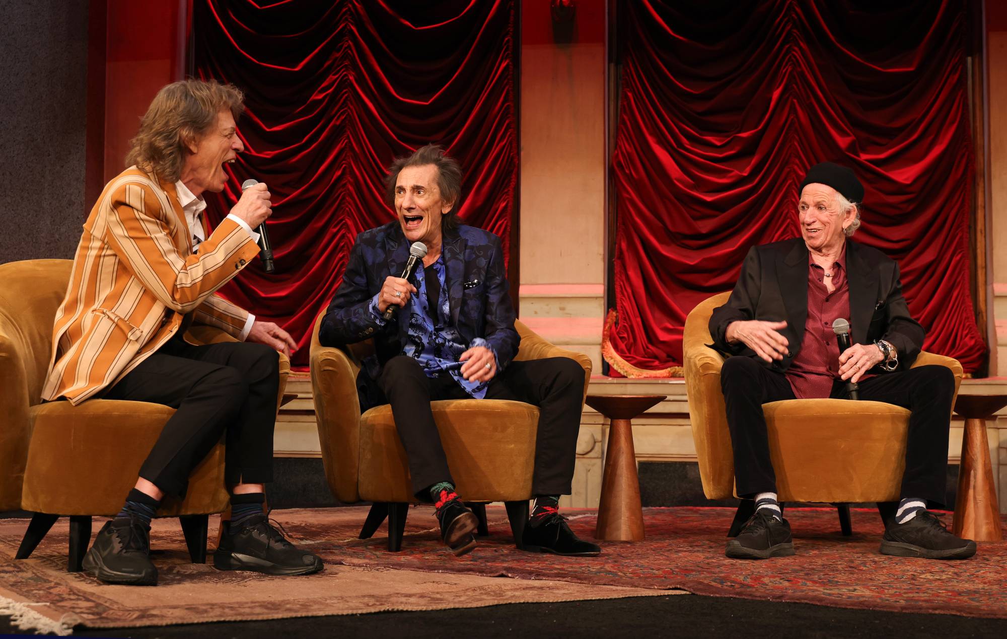 Mick Jagger, Ronnie Wood and Keith Richards speak onstage during the exclusive launch event of The Rolling Stones new album Foreign Tongues at Weylin on May 5, 2026 in Brooklyn, NY. (Photo by Kevin Mazur/Getty Images for UMG)