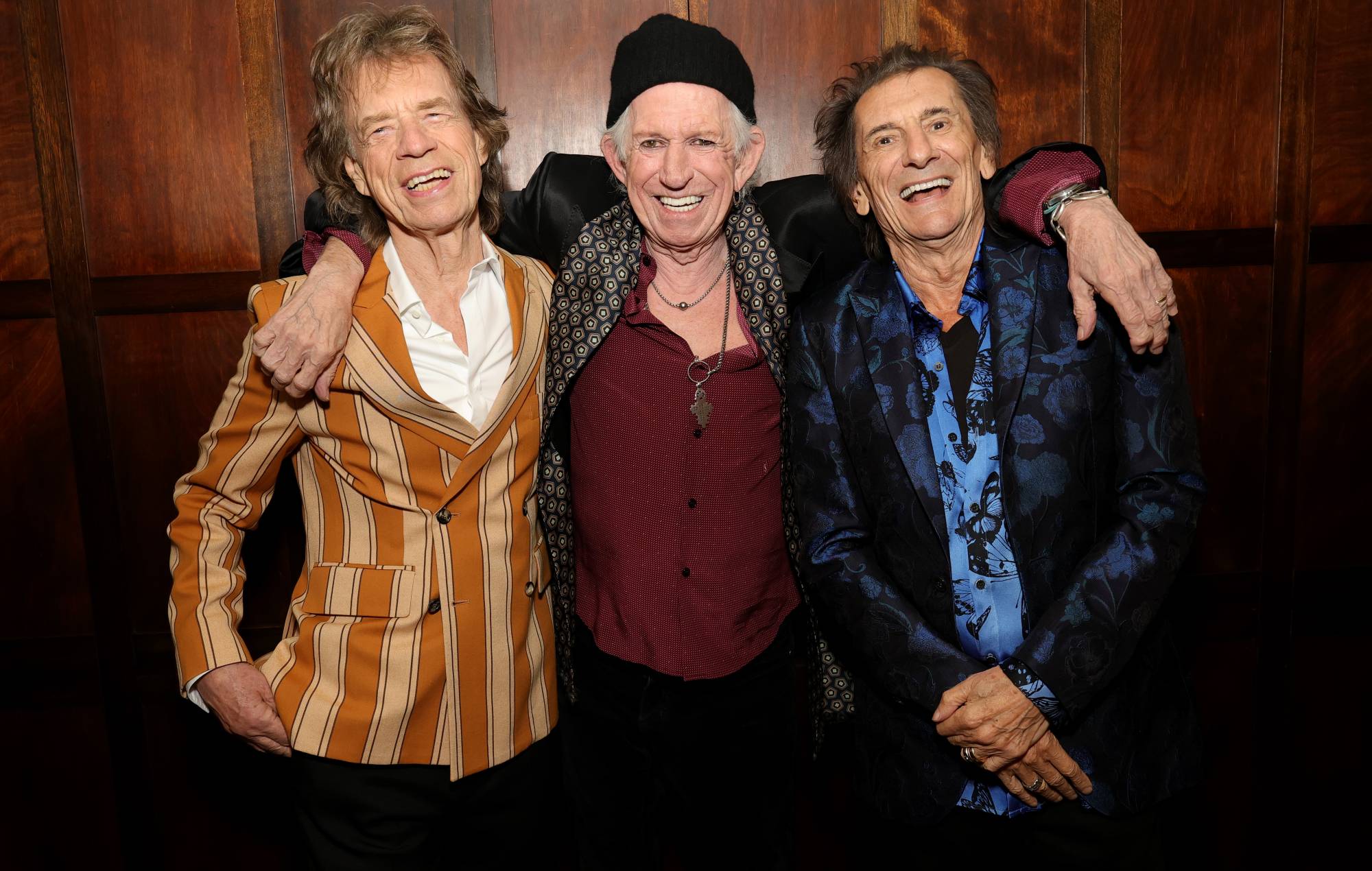 Mick Jagger, Keith Richards and Ronnie Wood pose backstage during the exclusive launch event of The Rolling Stones new album Foreign Tongues at Weylin on May 5, 2026 in Brooklyn, NY. (Photo by Kevin Mazur/Getty Images for UMG)