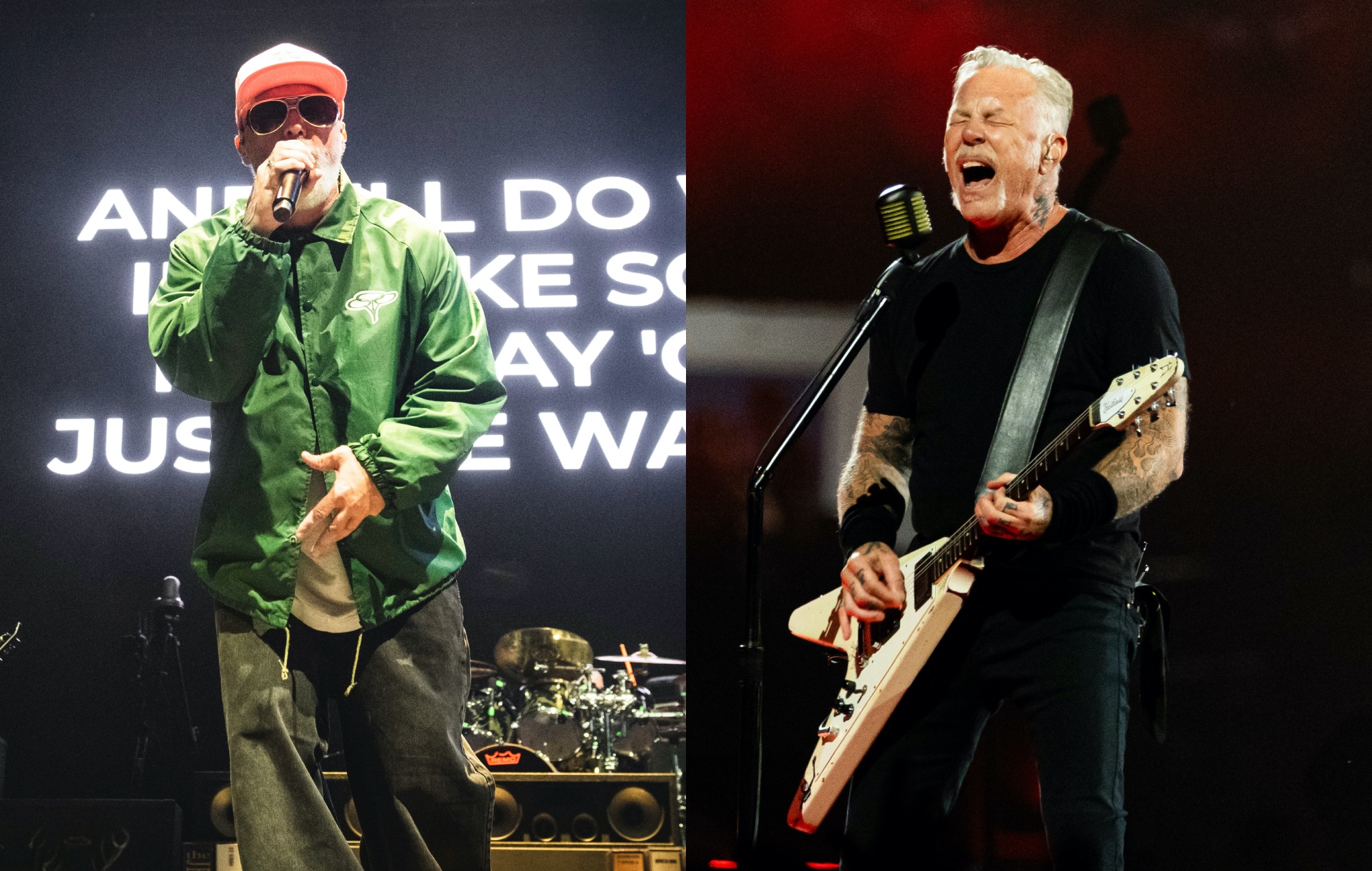 two side by side photographs of Limp Bizkit (left) and Metallica (right) performing live on stage