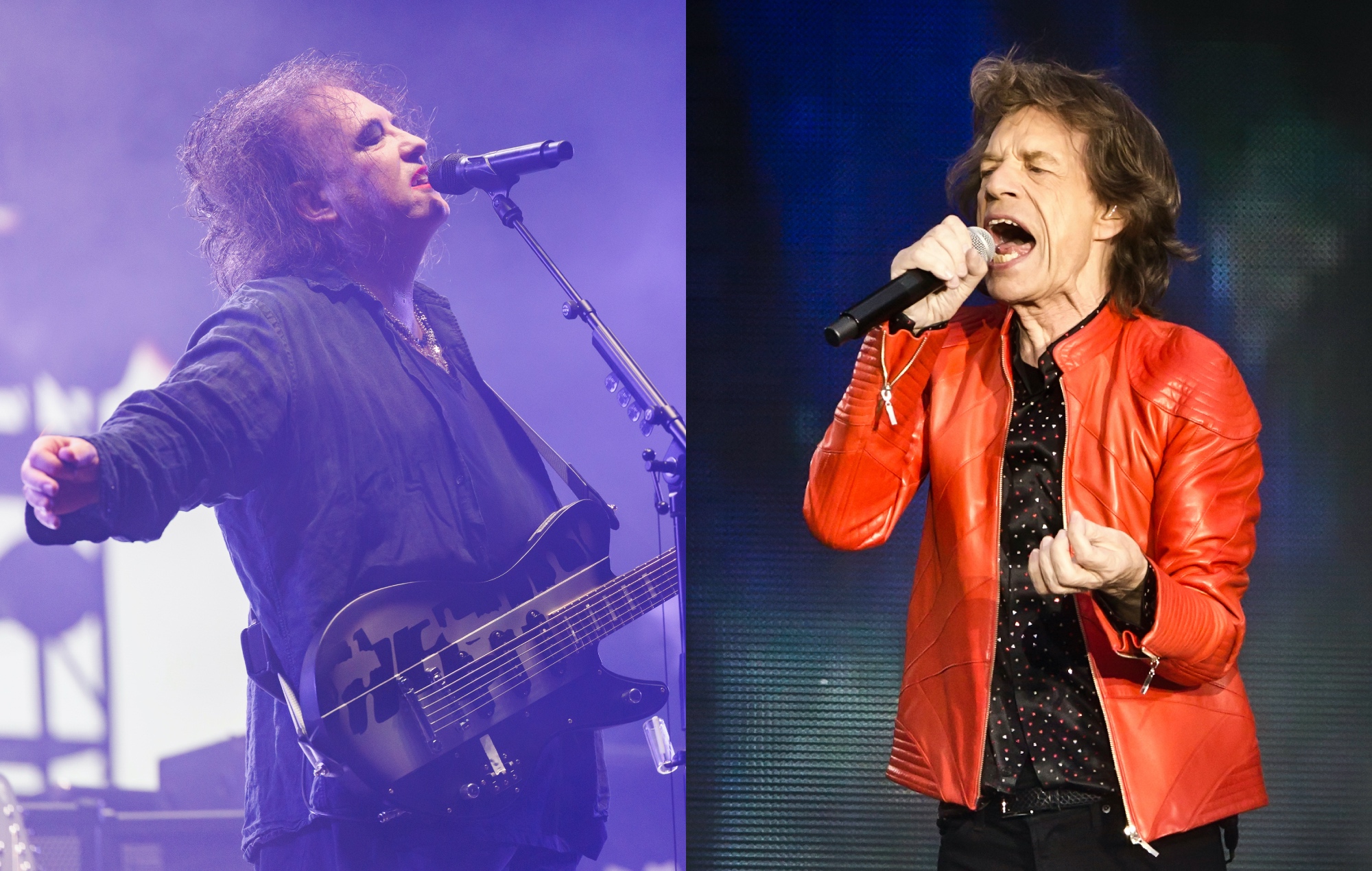 two side by side photographs of The Cure's Robert Smith (left) and The Rolling Stones' Mick Jagger (right) performing live on stage