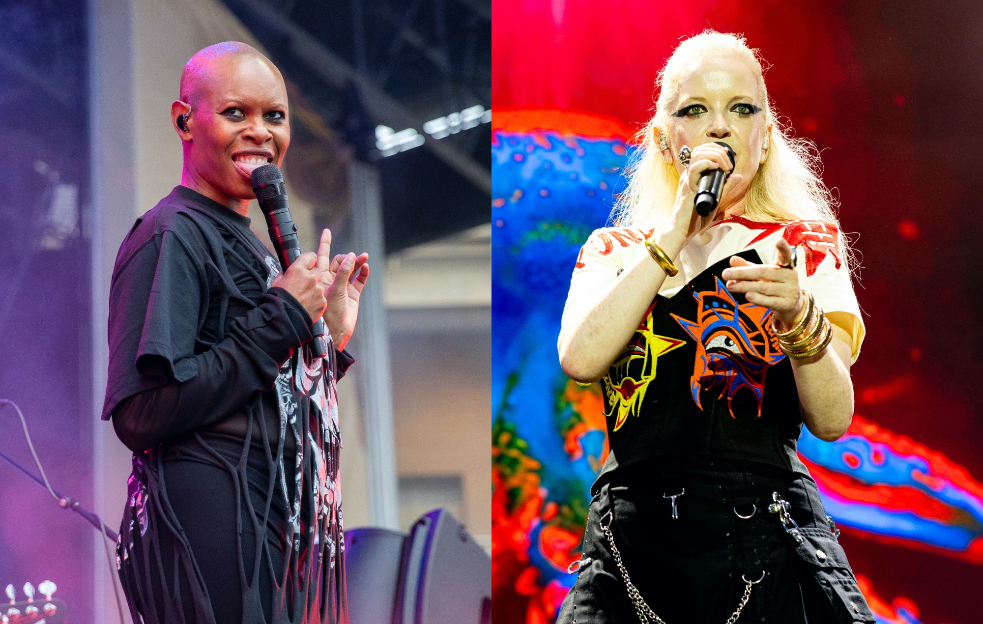 two side by side pictures of Skunk Anansie's Skin (left) and Garbage's Shirley Manson (right) performing live on stage
