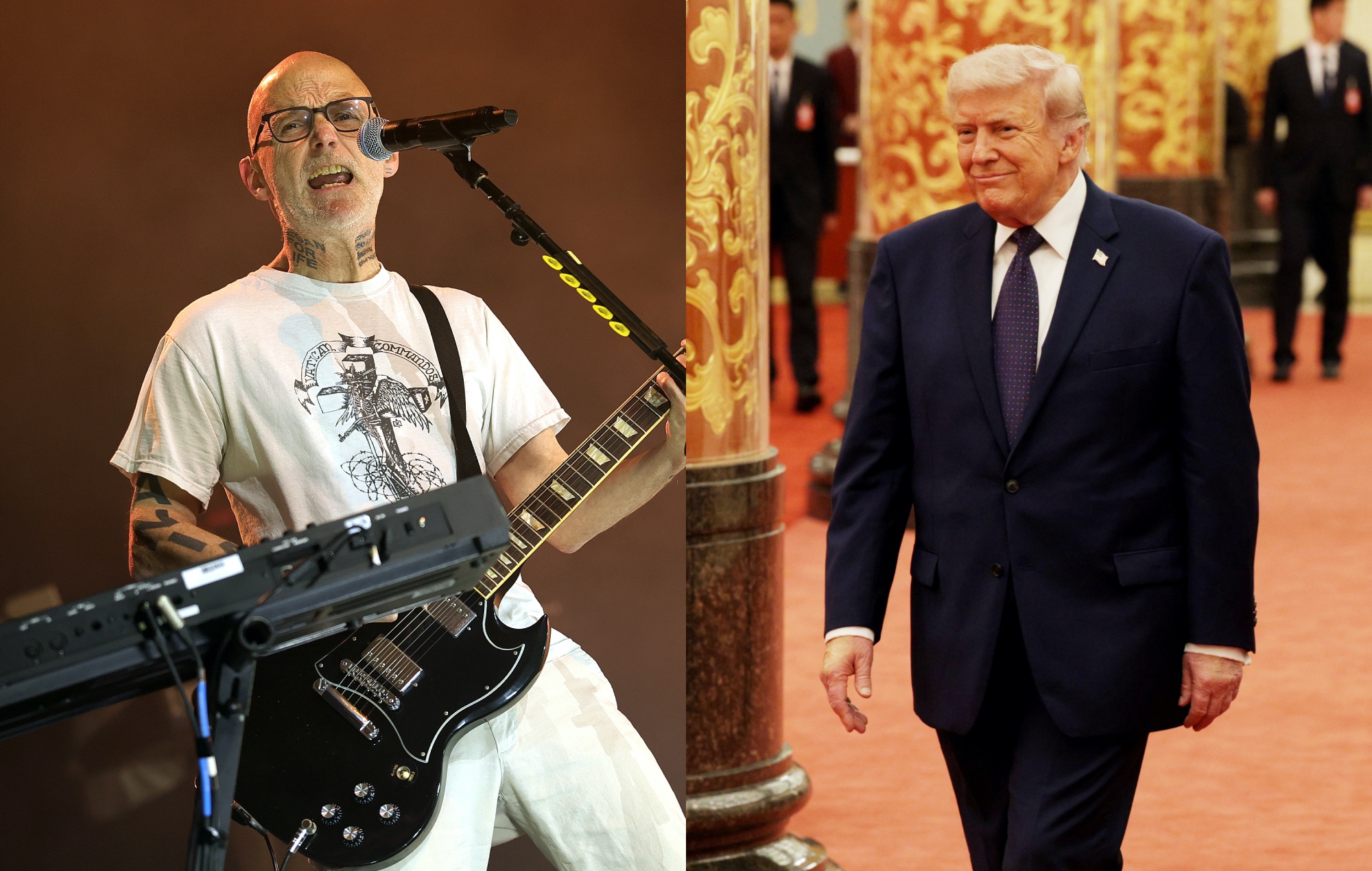 two side by side photographs of Moby (left) and President Donald Trump (right)