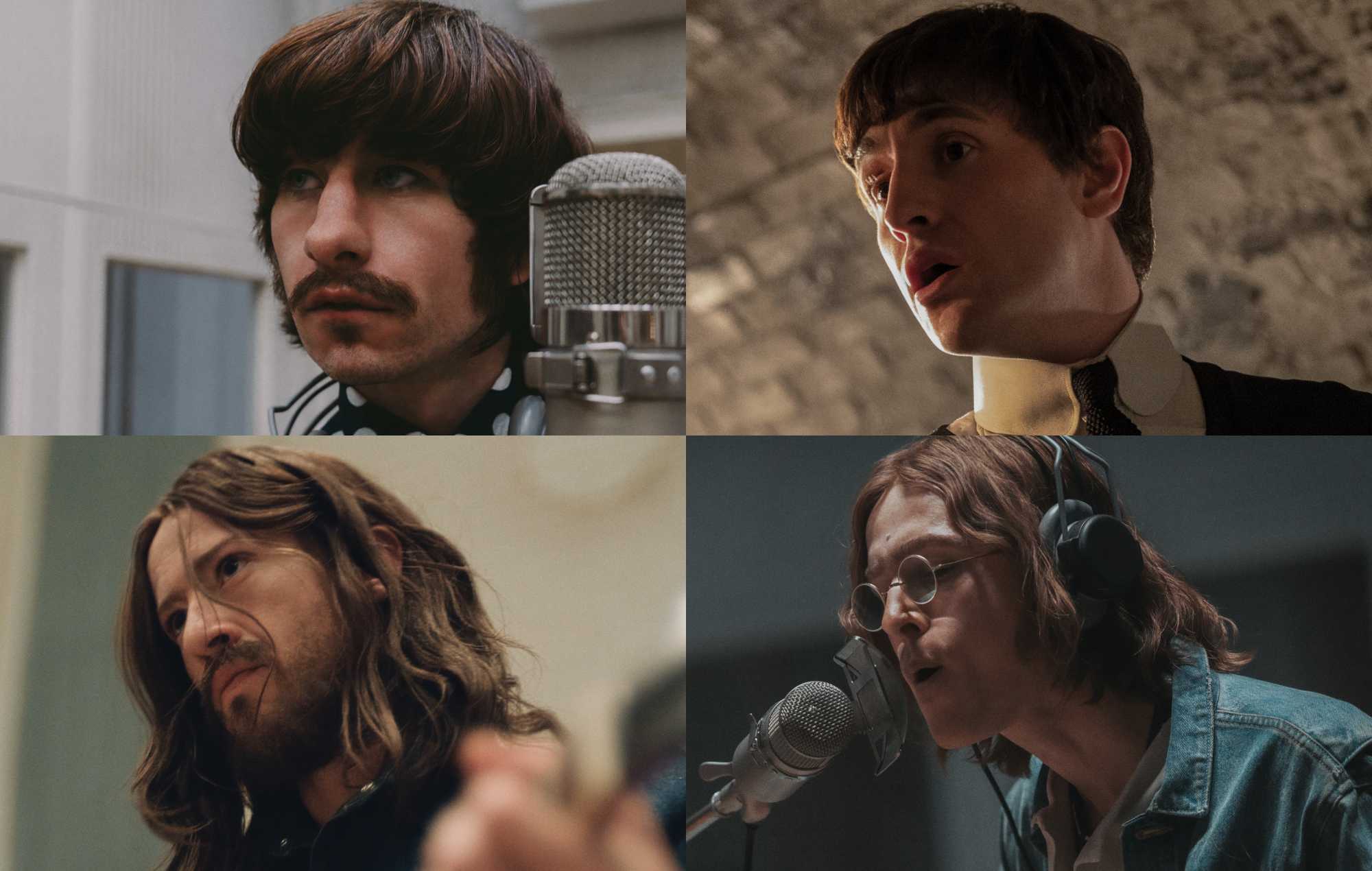 The first stills of Barry Keoghan as Ringo Starr, Paul Mescal as Paul McCartney, Joseph Quinn and George Harrison and Harris Dickinson as John Lennon in Sam Mendes' upcoming Beatles biopics. Credit: Sony Pictures