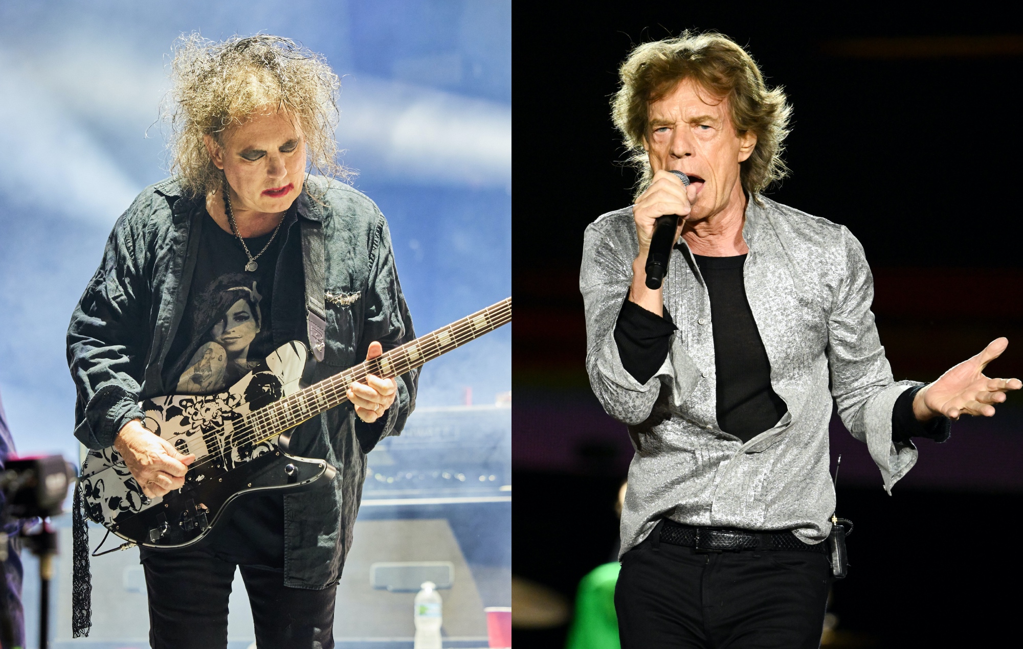 two side by side photographs of The Cure's Robert Smith (left) and The Rolling Stones' Mick Jagger (right) performing live on stage