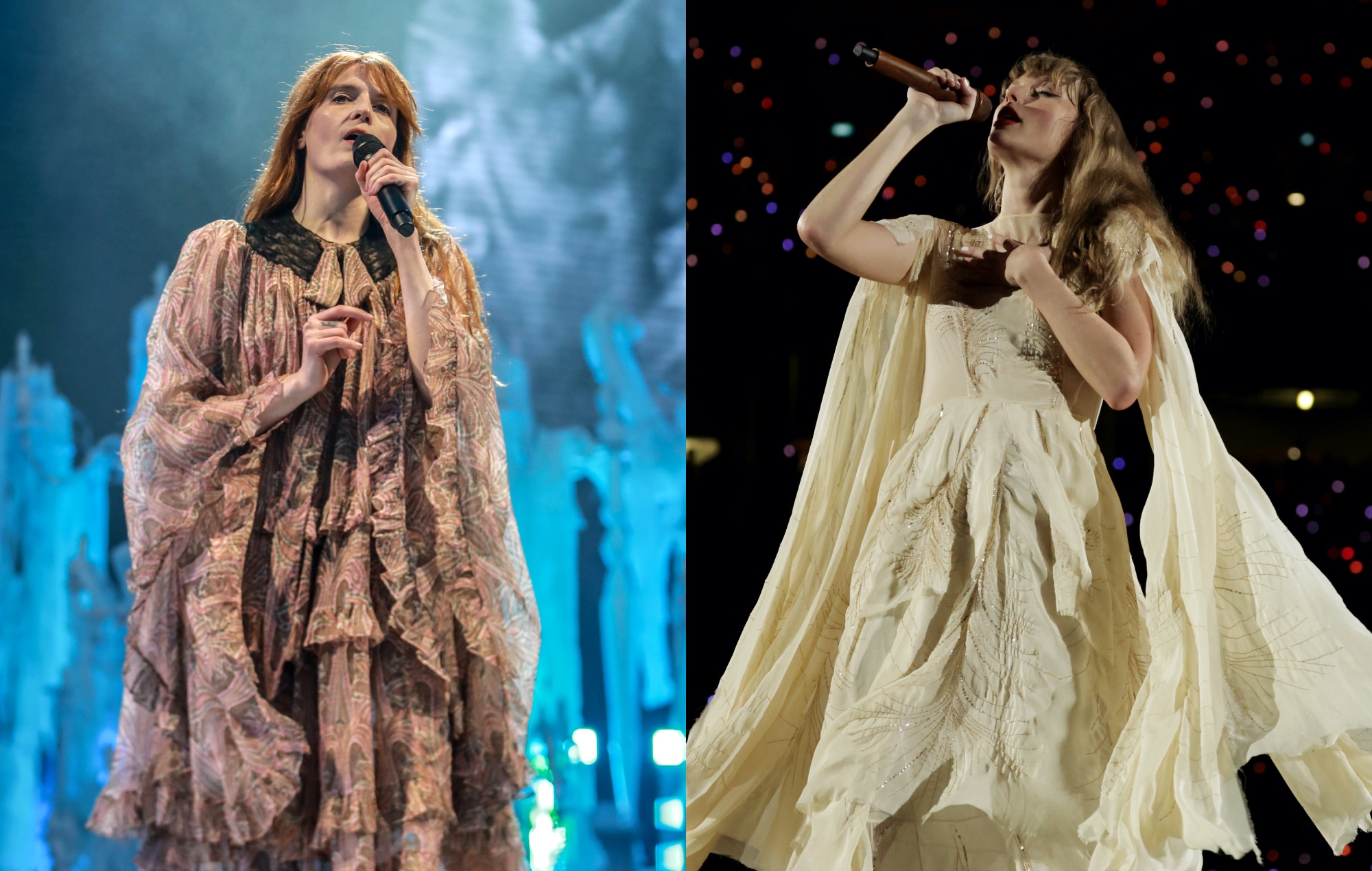 two side by side photographs of Florence Welch (left) and Taylor Swift (right) performing live on stage