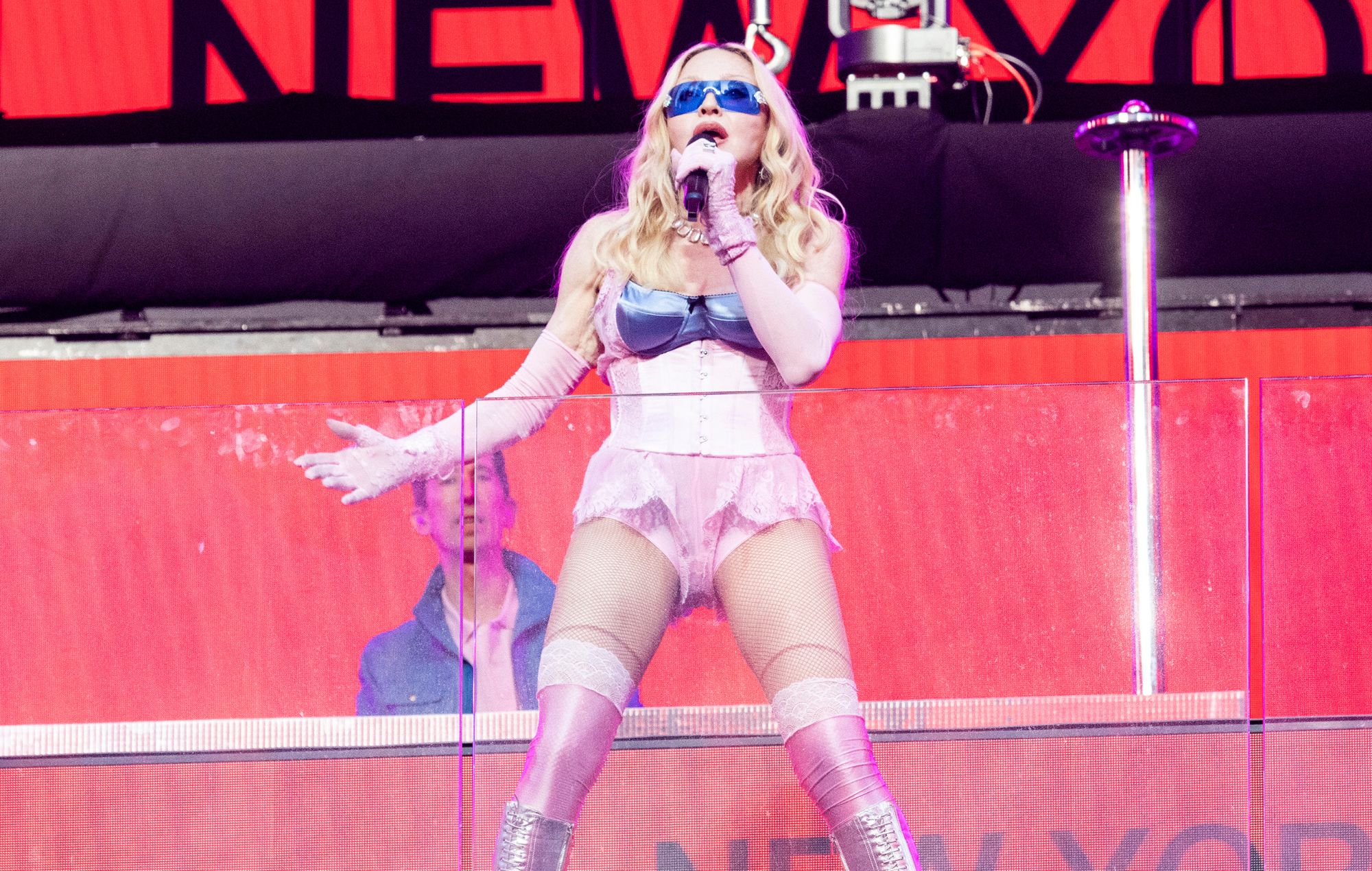 Madonna performs during a surprise concert in Times Square on June 4