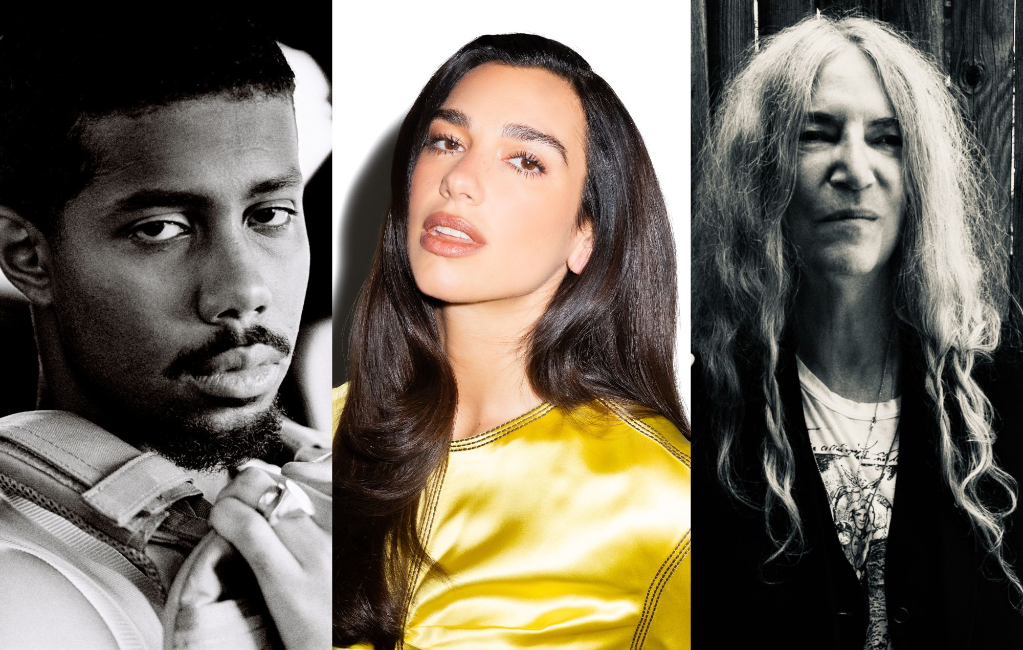 Mustafa (Credit: Jack McKain), Dua Lipa (credit: Madison Phipps) and Patti Smith (Credit: Steven Sebring)