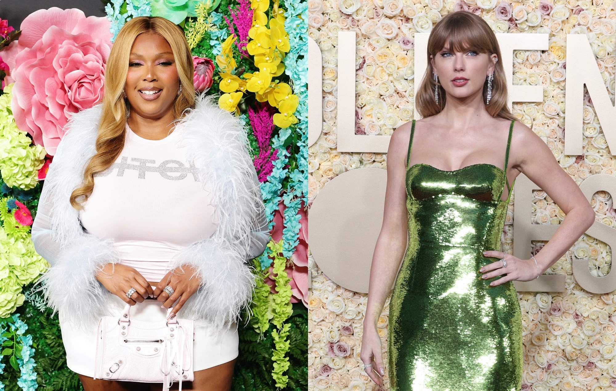 two side by side photographs of Lizzo (left) and Taylor Swift (right)