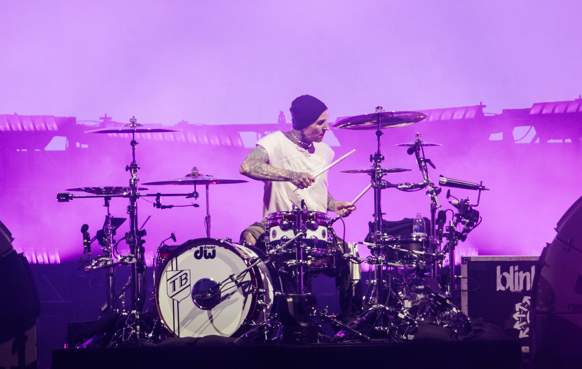 Travis Barker of Blink-182 live at Reading 2024, photo by Andy Ford