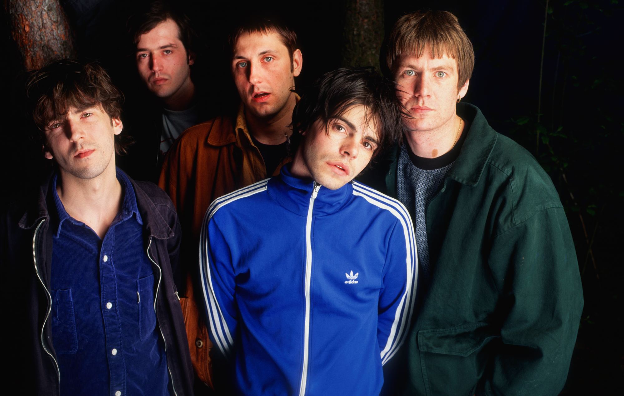 The Charlatans' Tim Burgess, Martin Blunt, Mark Collins, Jon Brookes, and Rob Collins in Belgium, 1994. (Photo by Gie Knaeps/Getty Images)
