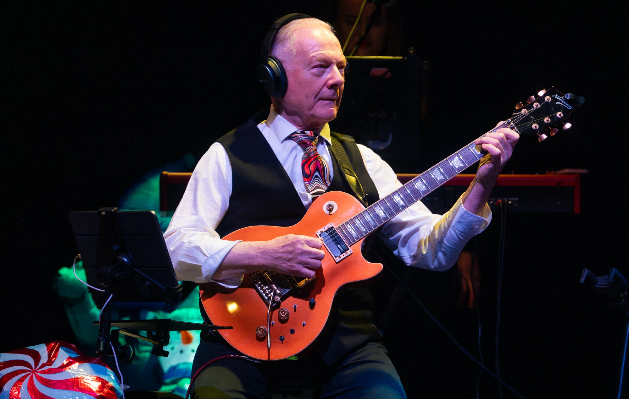 Robert Fripp performing live on stage, photo by Lorne Thomson/Redferns/Getty
