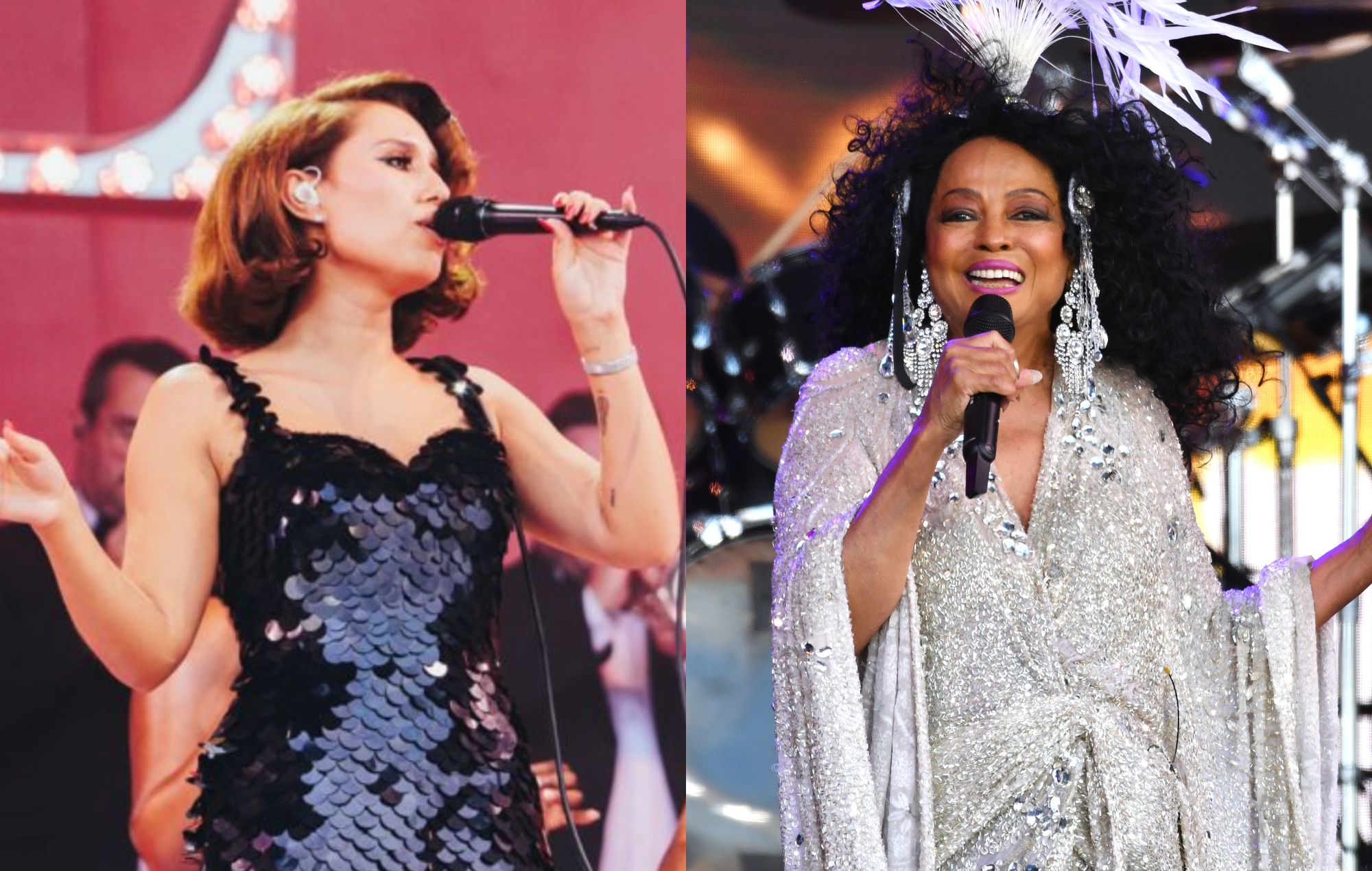 two side by side pictures of RAYE (left) and Diana Ross (right) performing live on stage