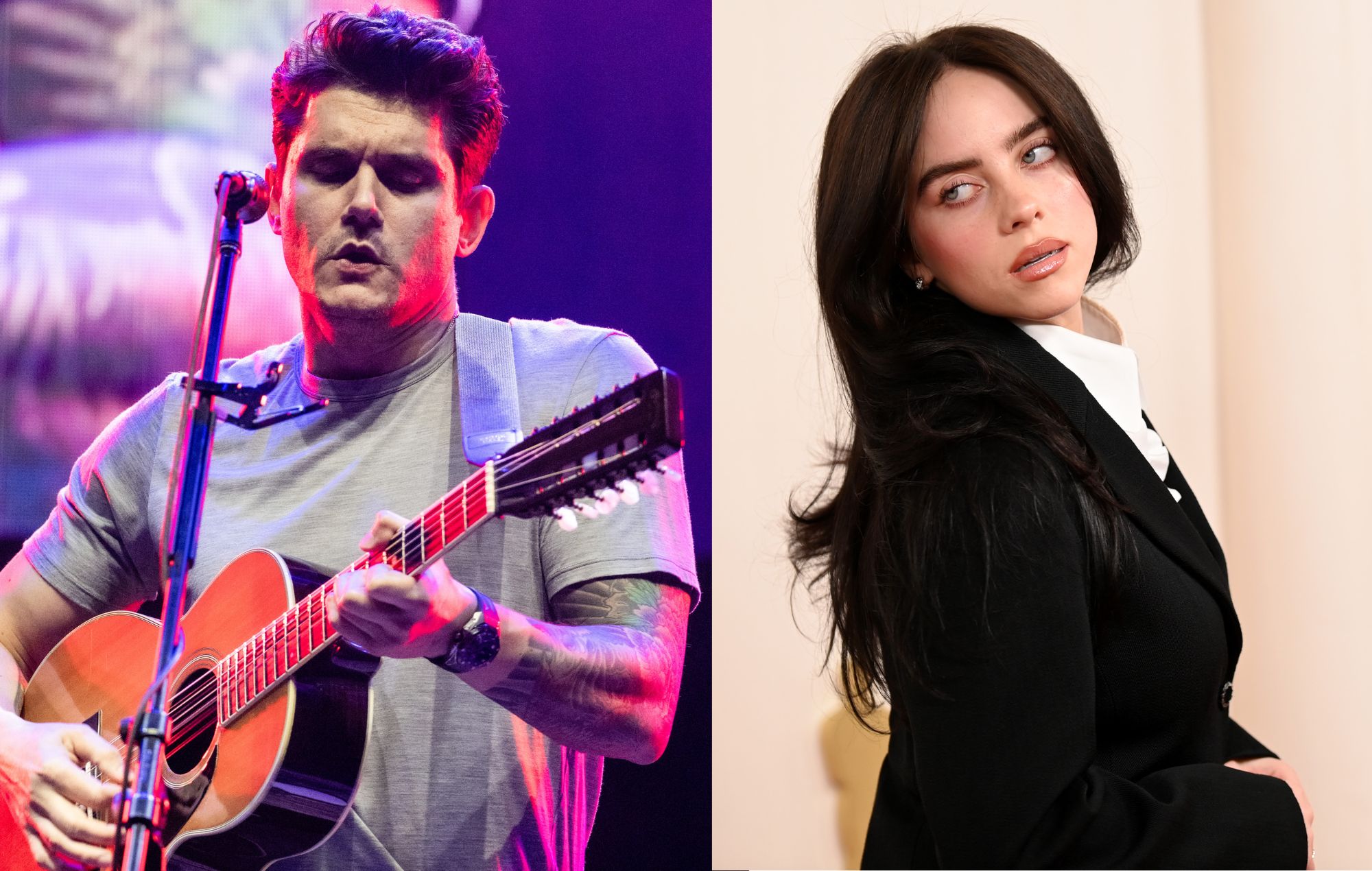 Billie Eilish attends the 96th Annual Academy Awards on March 10, 2024 and John Mayer performs during the Heart and Armor Foundation benefit concert in 2023