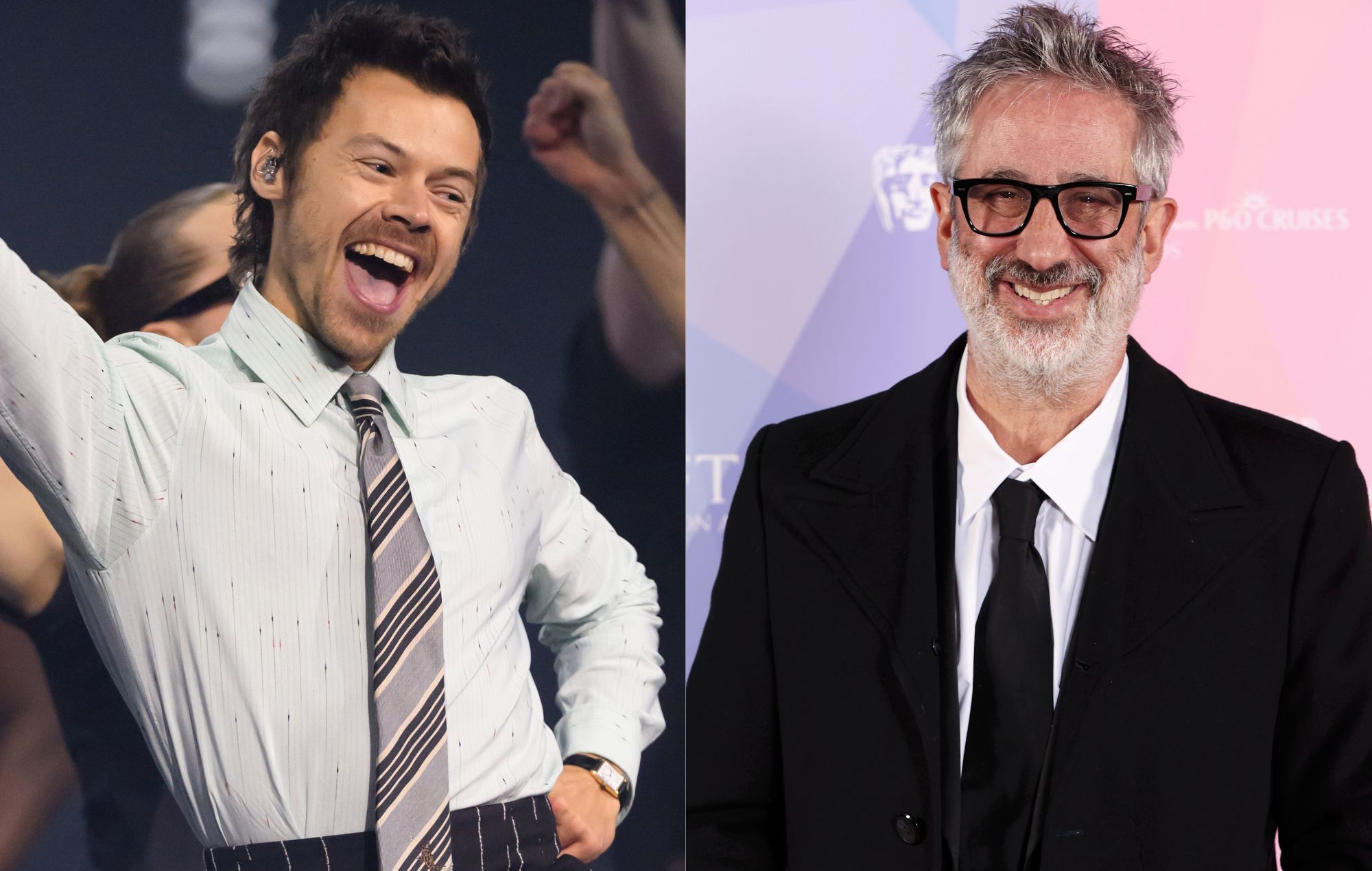 Harry Styles and David Baddiel. CREDIT: Karwai Tang and John Phillips/Getty Images