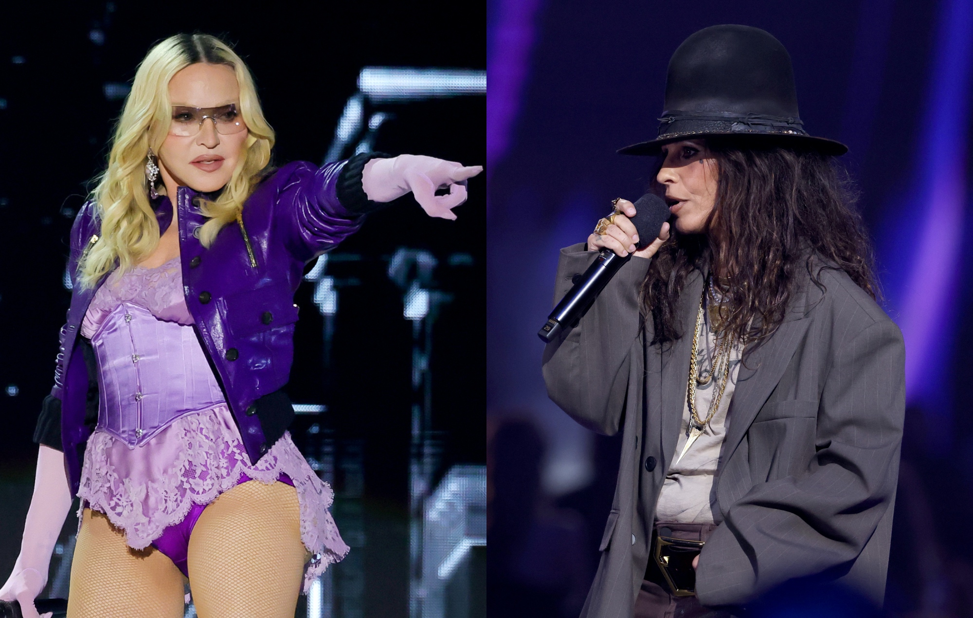 two side by side photographs of Madonna (left) and Linda Perry (right)
