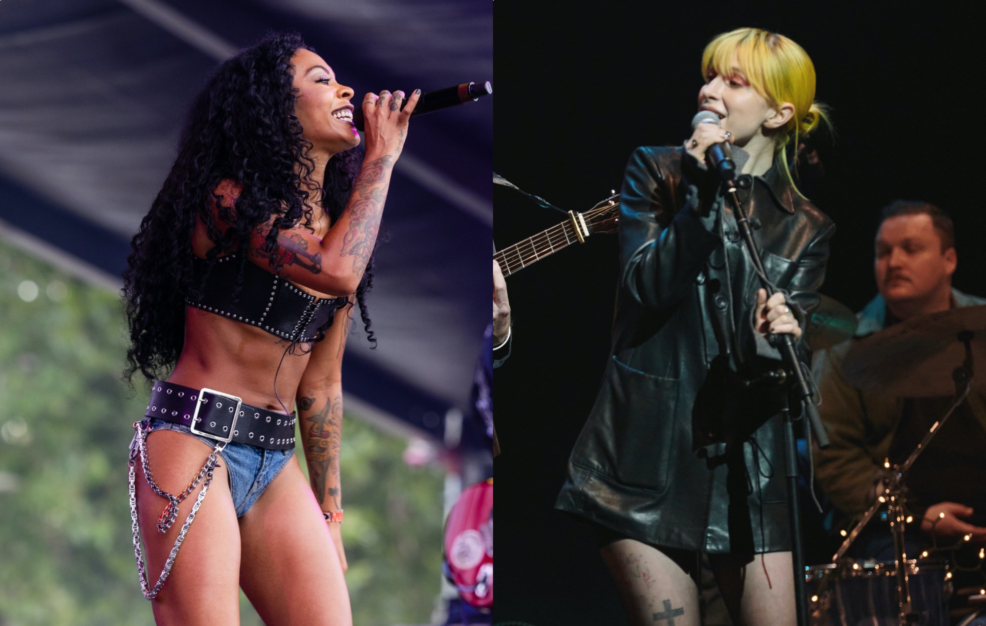 two side by side photographs of Rico Nasty (left) and Hayley Williams (right) performing live on stage