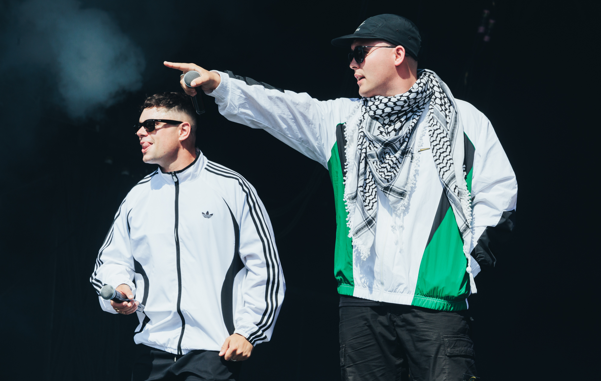 Kneecap's Mo Chara and Móglaí Bap perform at Glastonbury 2025, photo by Andy Ford