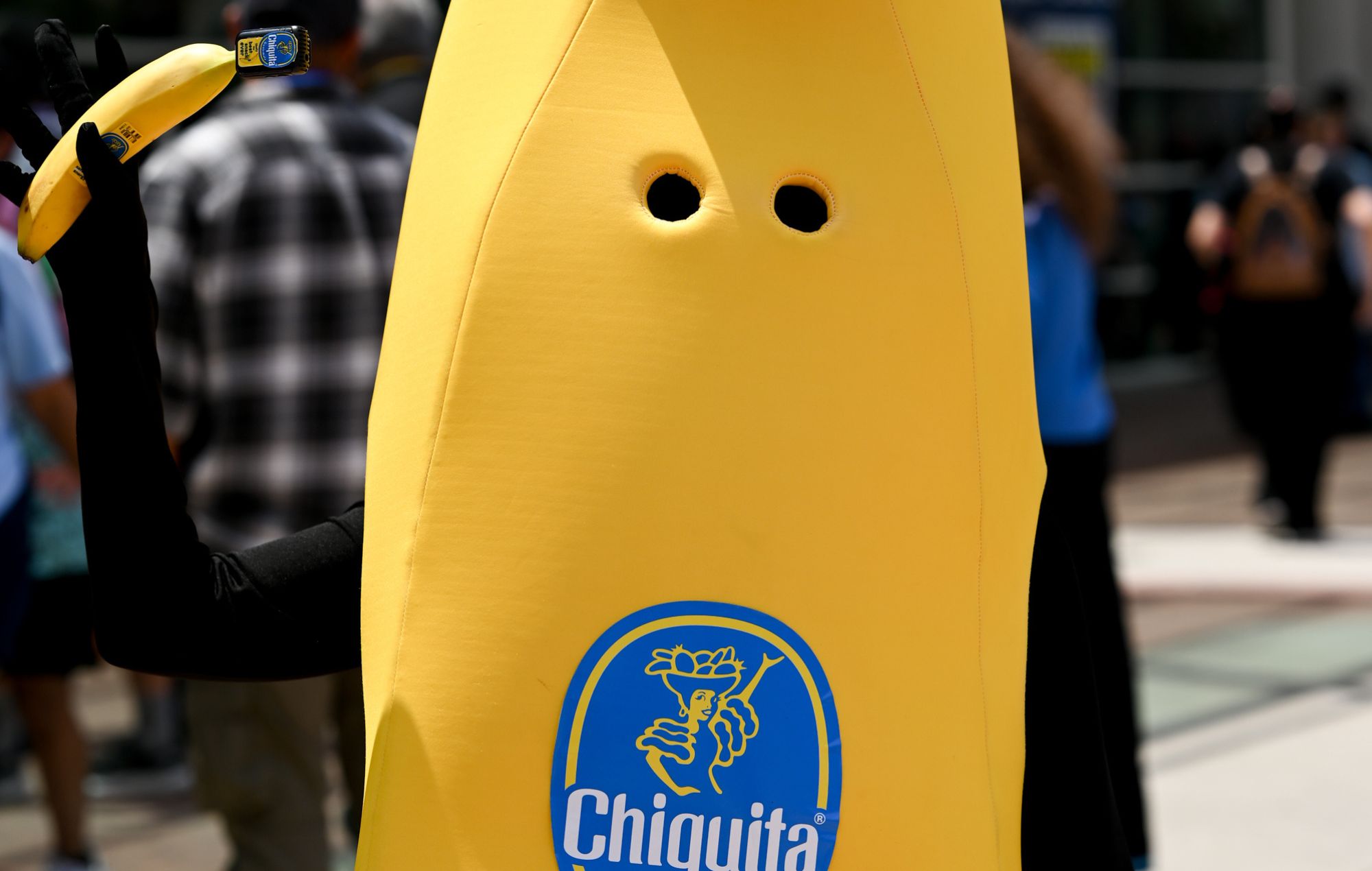 A cosplayer dressed as a Chiquita Banana