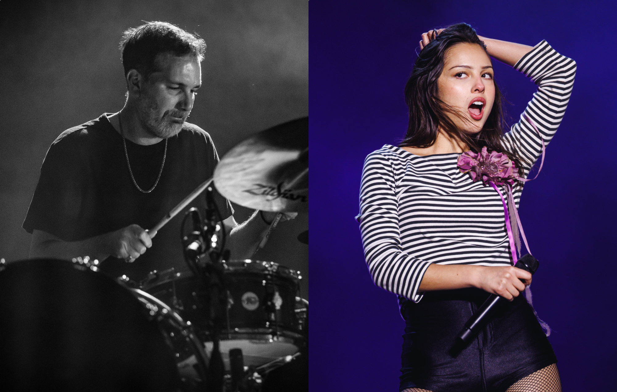 two side by side photographs of Cigarettes After Sex drummer Jacob Tomsky (left) and Olivia Rodrigo (right) performing live on stage