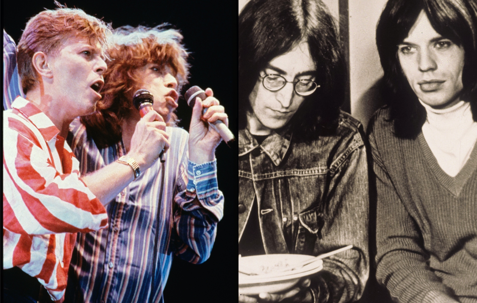 two side by side photographs of David Bowie and Mick Jagger (left), and John Lennon and Mick Jagger (right)