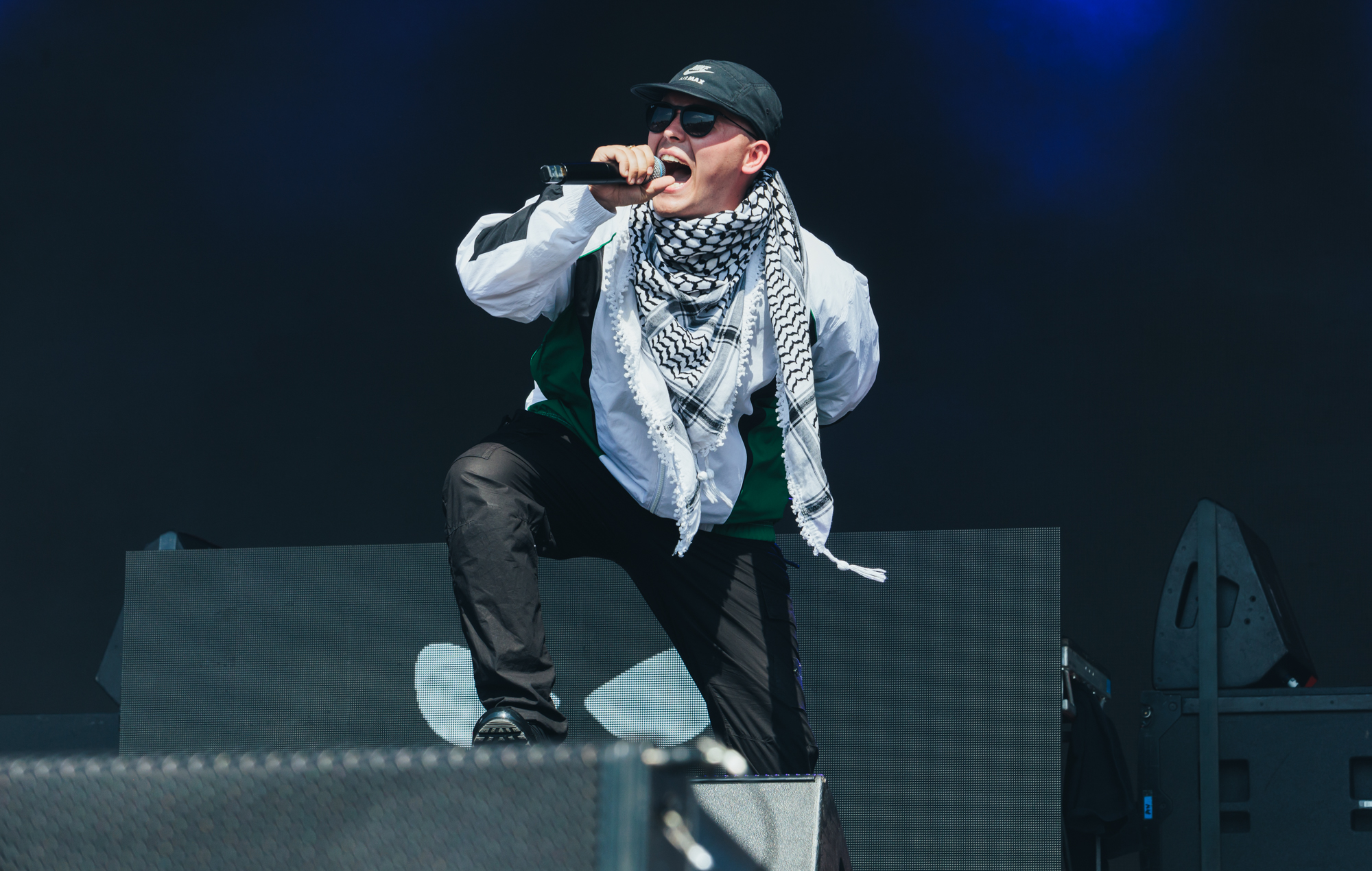 Kneecap's Mo Chara performs at Glastonbury 2025, photo by Andy Ford