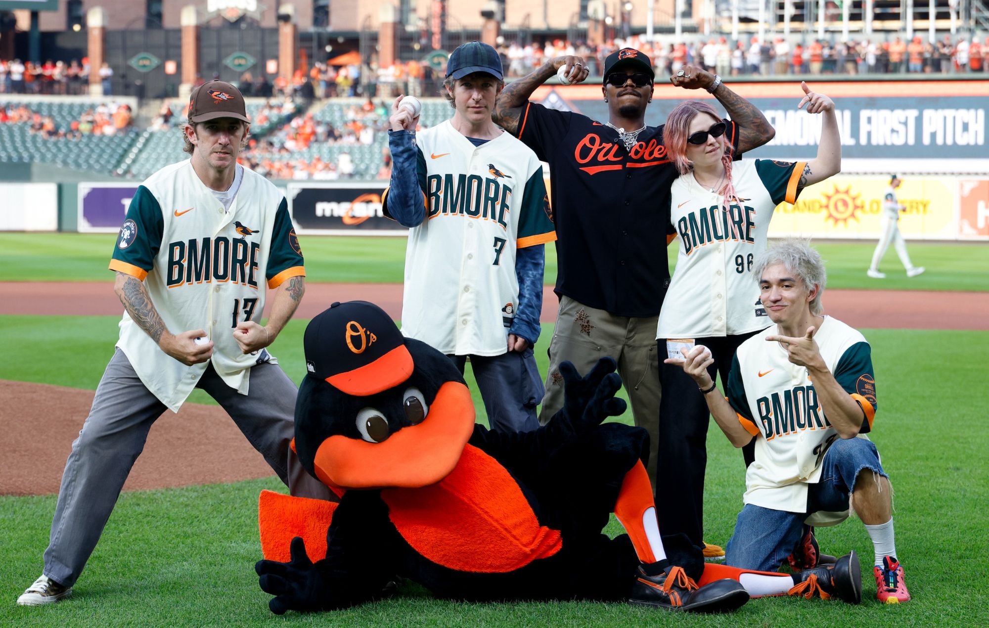 Turnstile after throwing the first pitch at game between Kansas City Royals and Baltimore Orioles