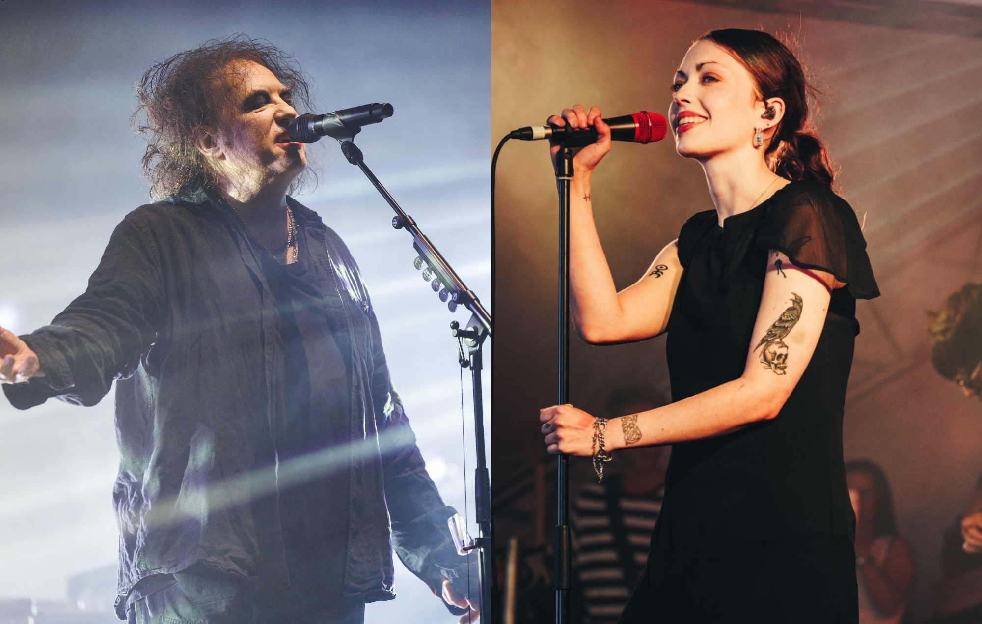 two side by side photographs of The Cure's Robert Smith (left), and Violet Grohl (right) performing live on stage