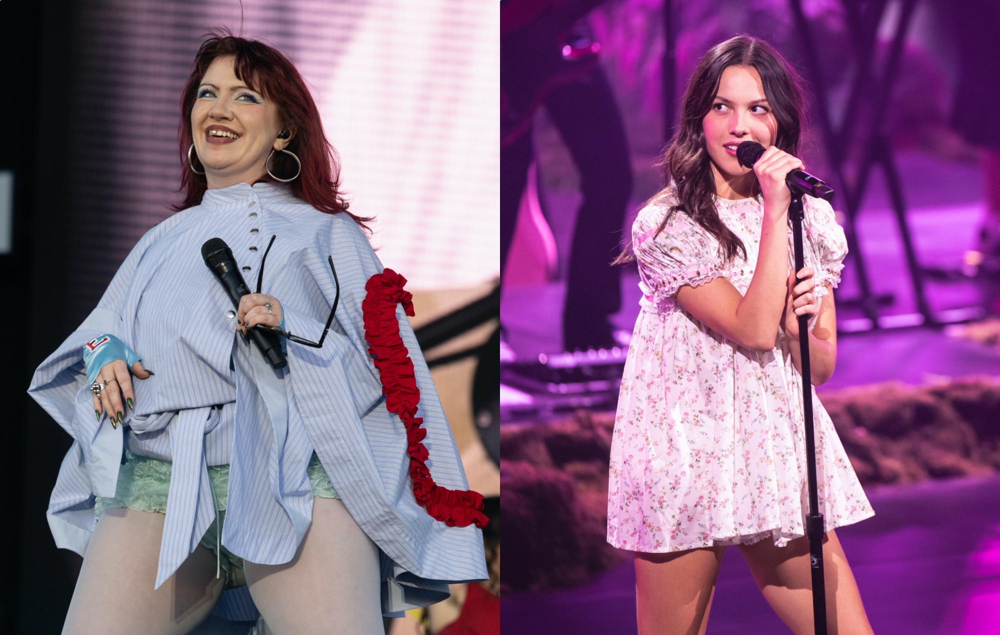 two side by side photographs of CMAT (left) and Olivia Rodrigo (right) performing live on stage