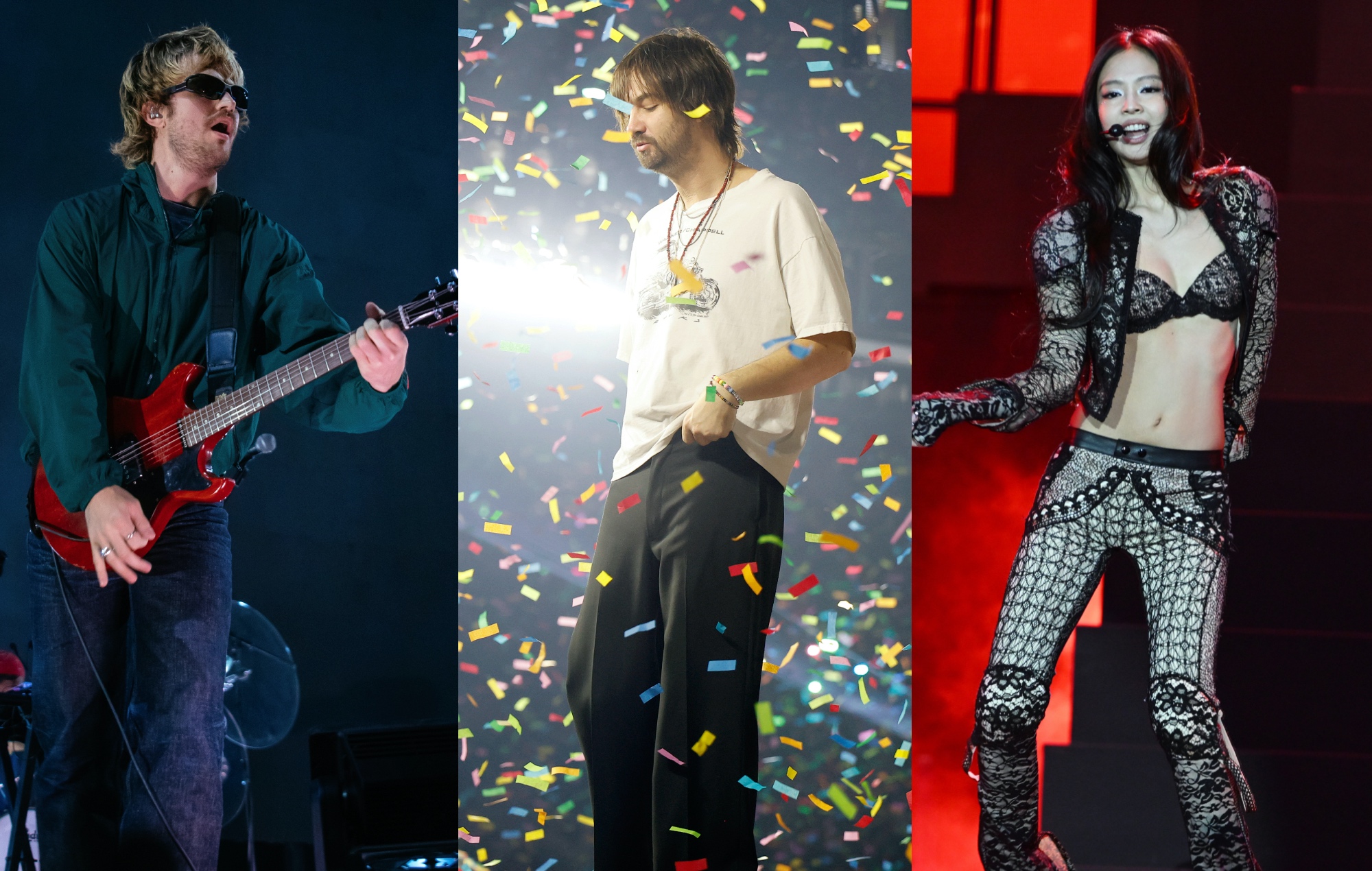 three side by side photos of Djo (left), Tame Impala (centre) and Jennie (right) performing live on stage
