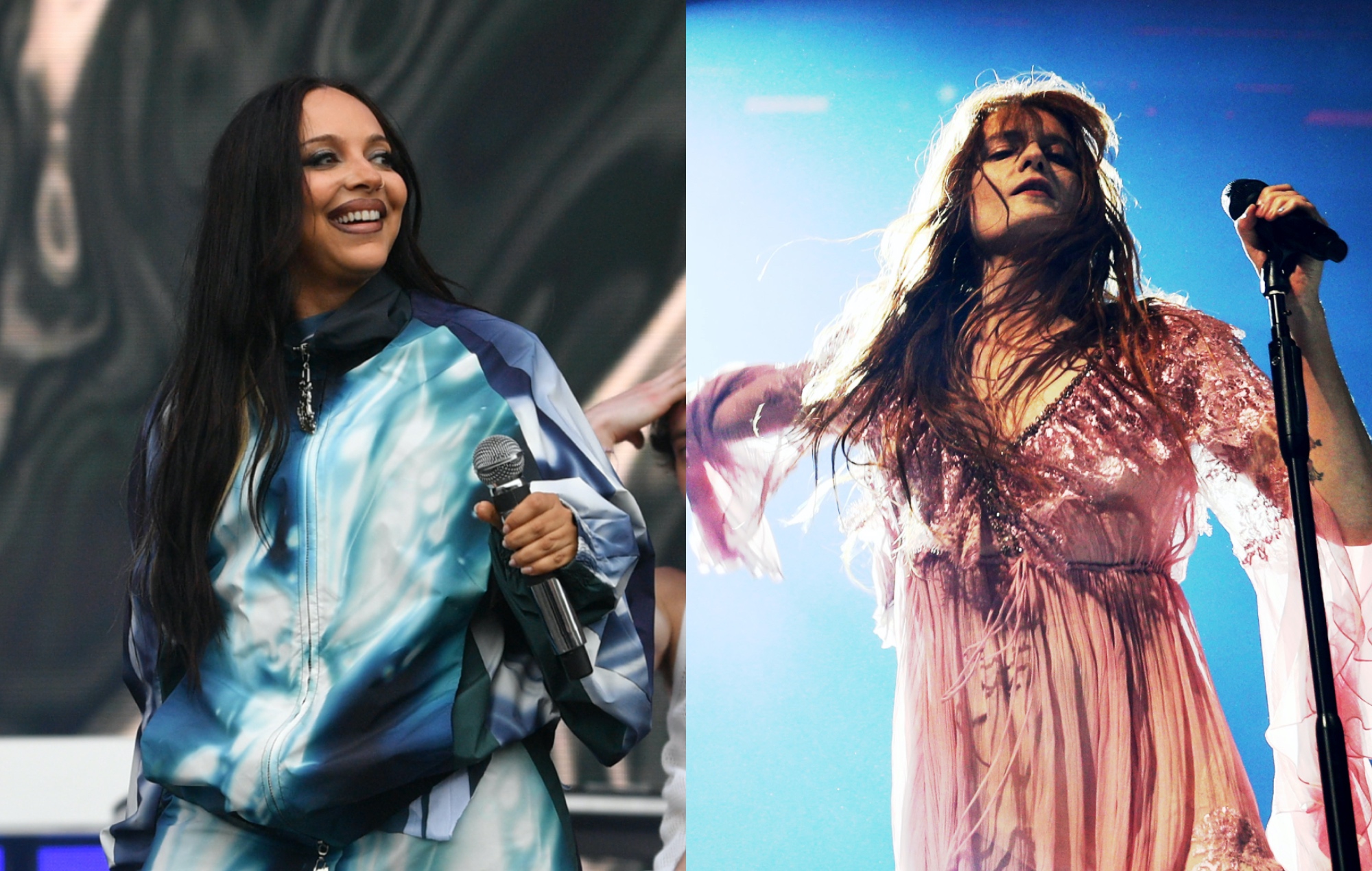 two side by side photographs of JADE (left) and Florence Welch (right) performing live on stage