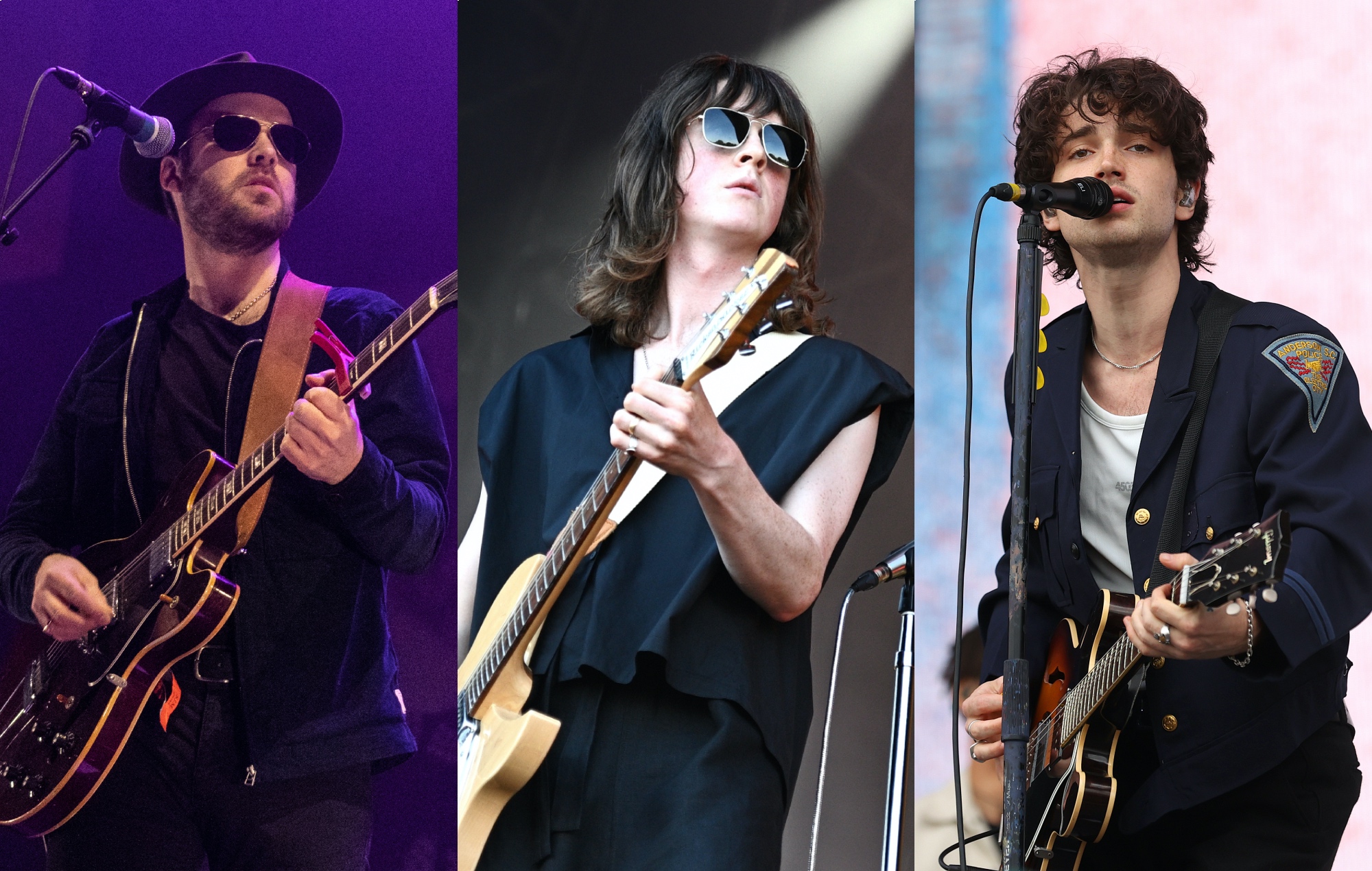 three side by side photographs of The Coral (left), Blossoms (centre) and Inhaler (right) performing live on stage