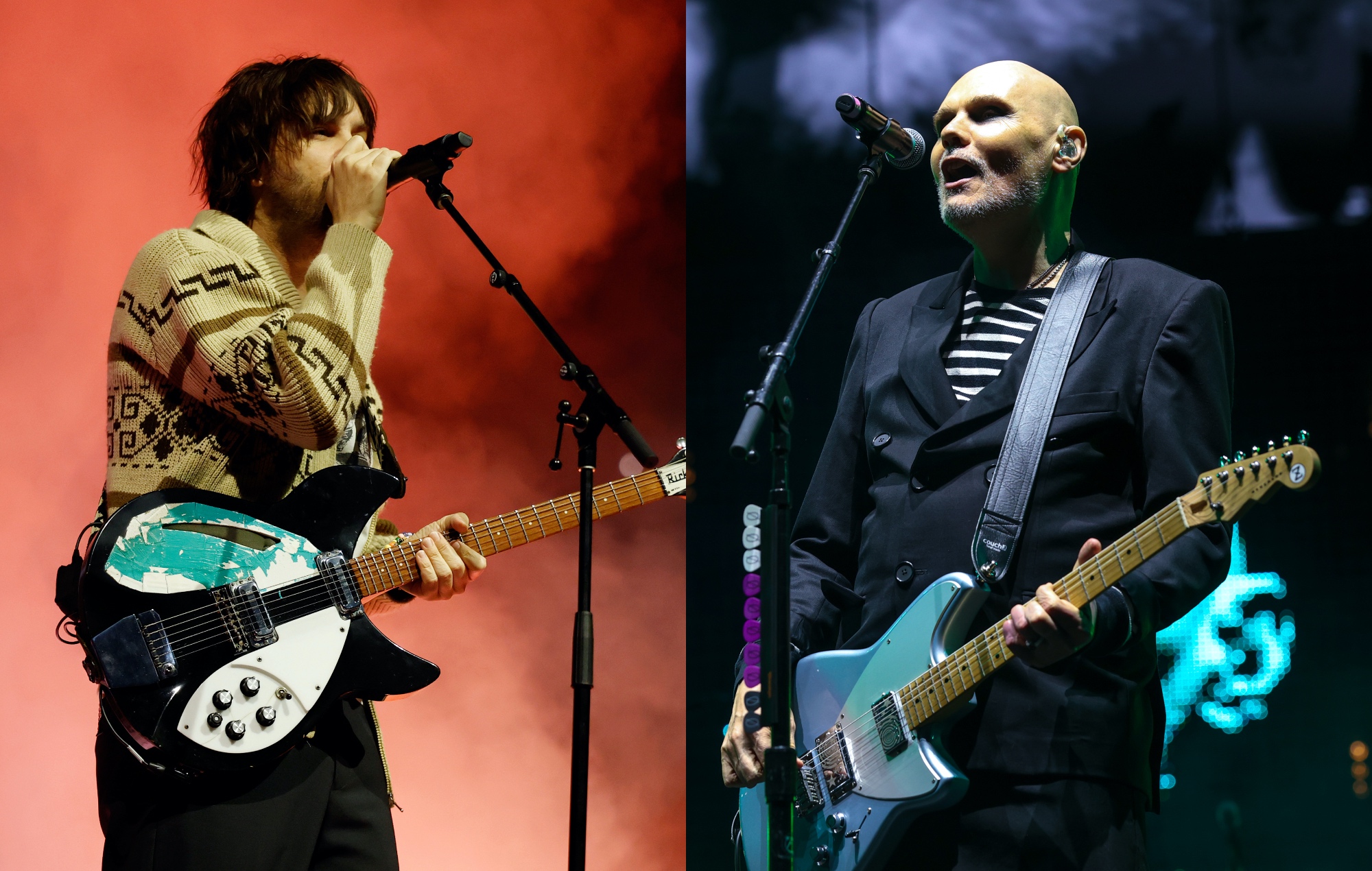 two side by side photographs of Tame Impala's Kevin Parker (left) and Smashing Pumpkins' Billy Corgan (right) performing live on stage