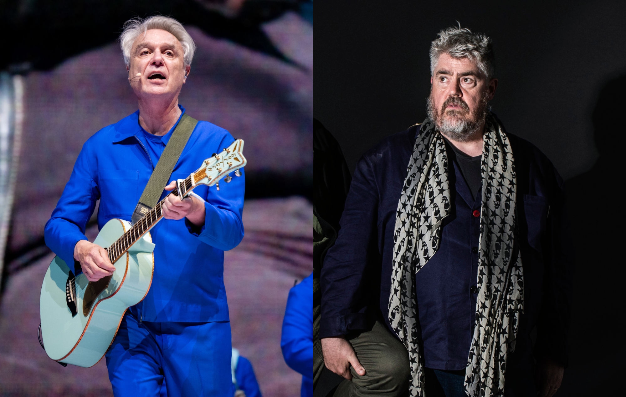 two side by side pictures of David Byrne (left) and Phill Jupitus (right)