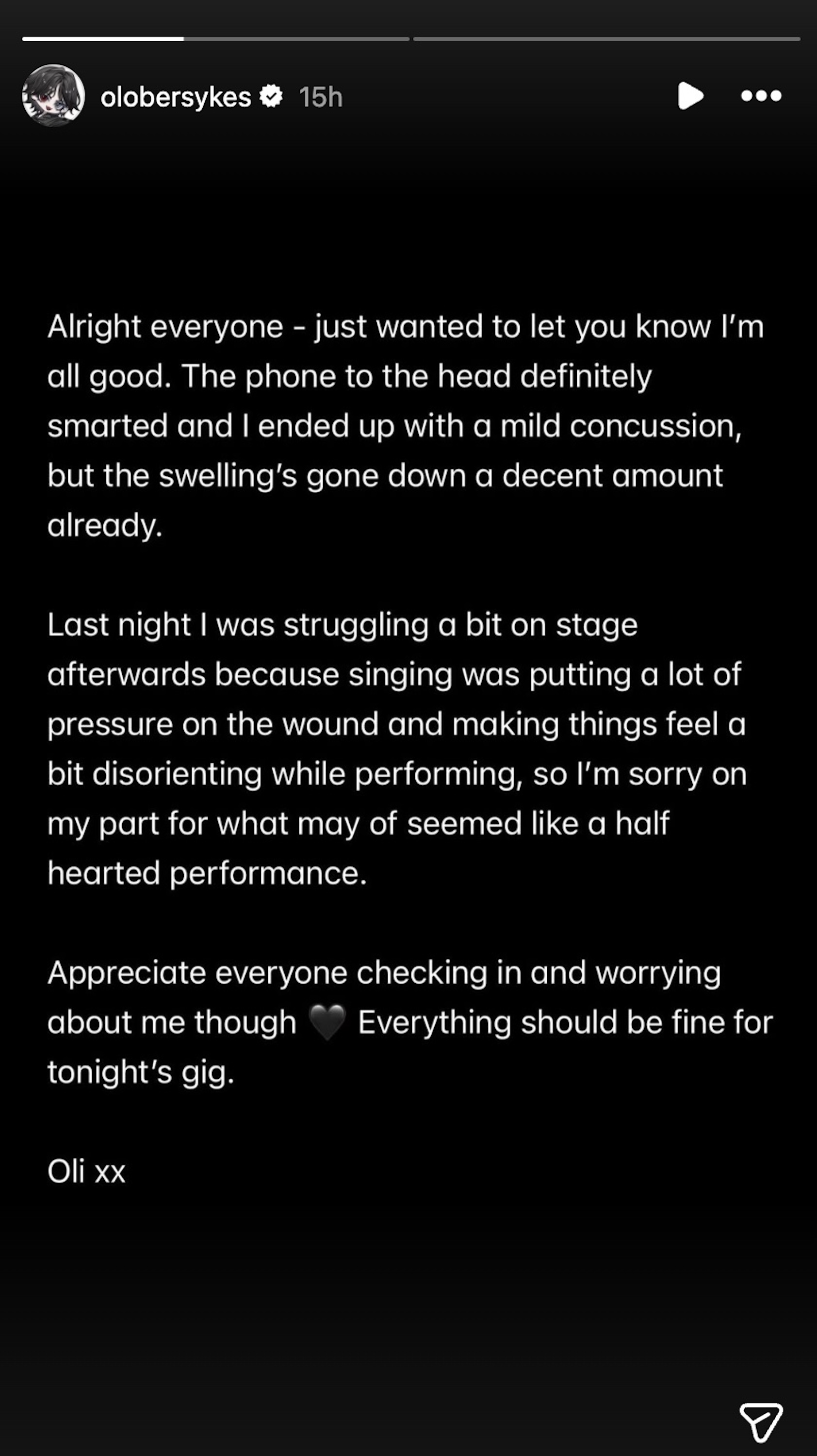 Oli Sykes Instagram Stories screenshot
