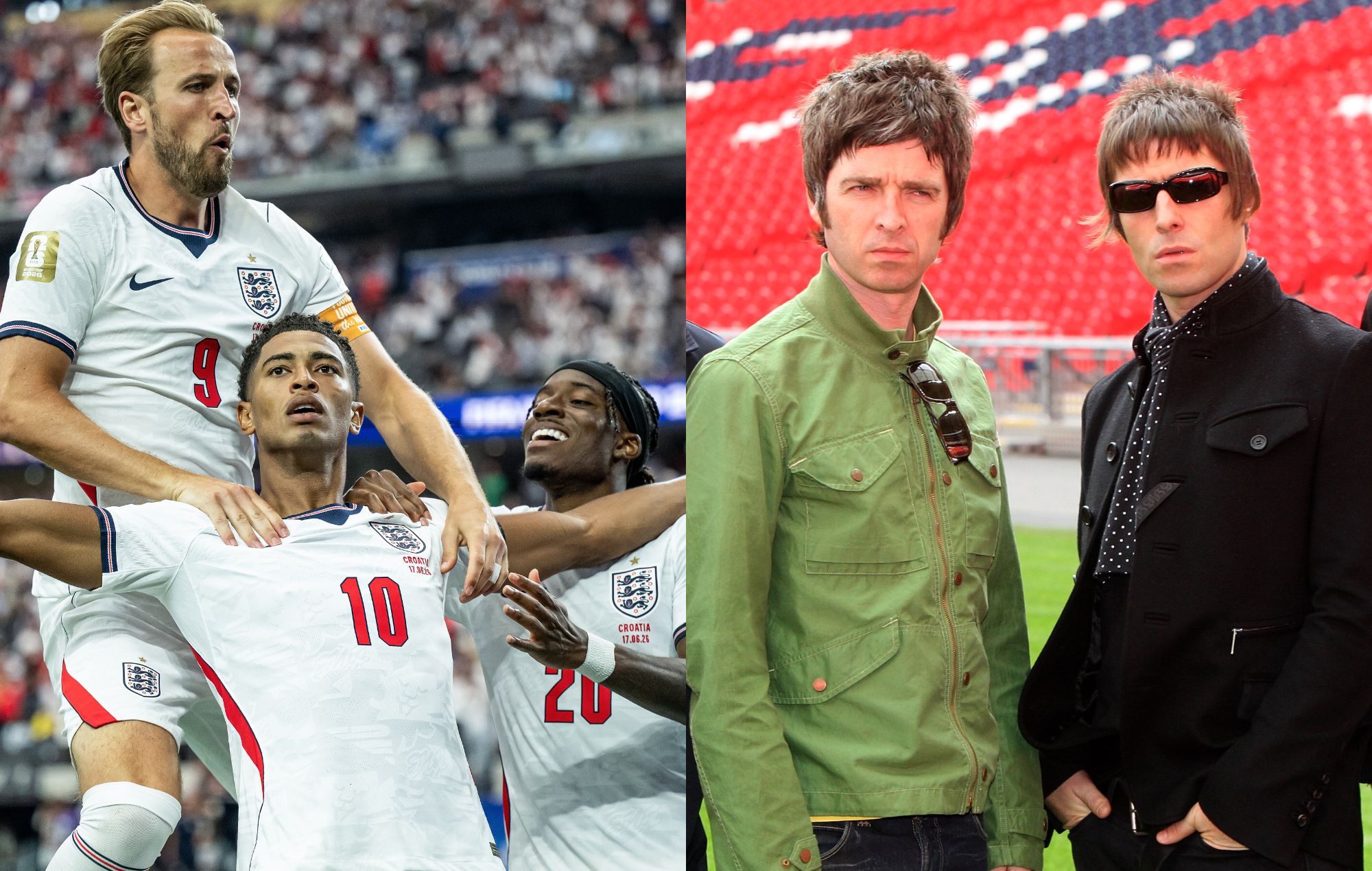 England team at Dallas Stadium, and Liam and Noel Gallagher