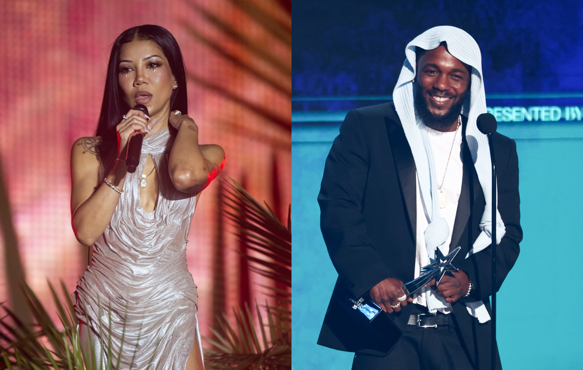 two side by side photographs of Jhené Aiko (left) and Kendrick Lamar (right)