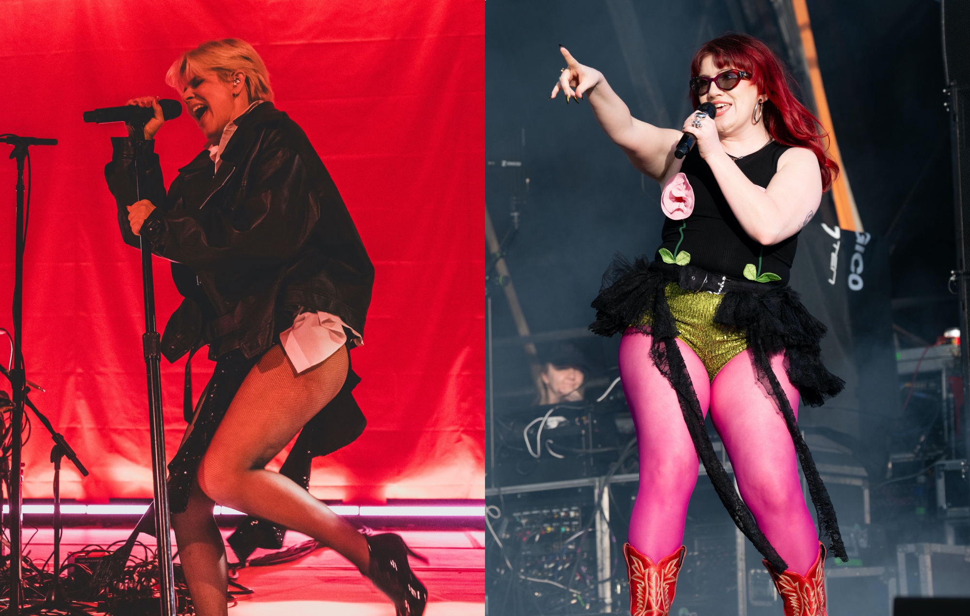two side by side photos of Robyn (left) and CMAT (right) performing live on stage