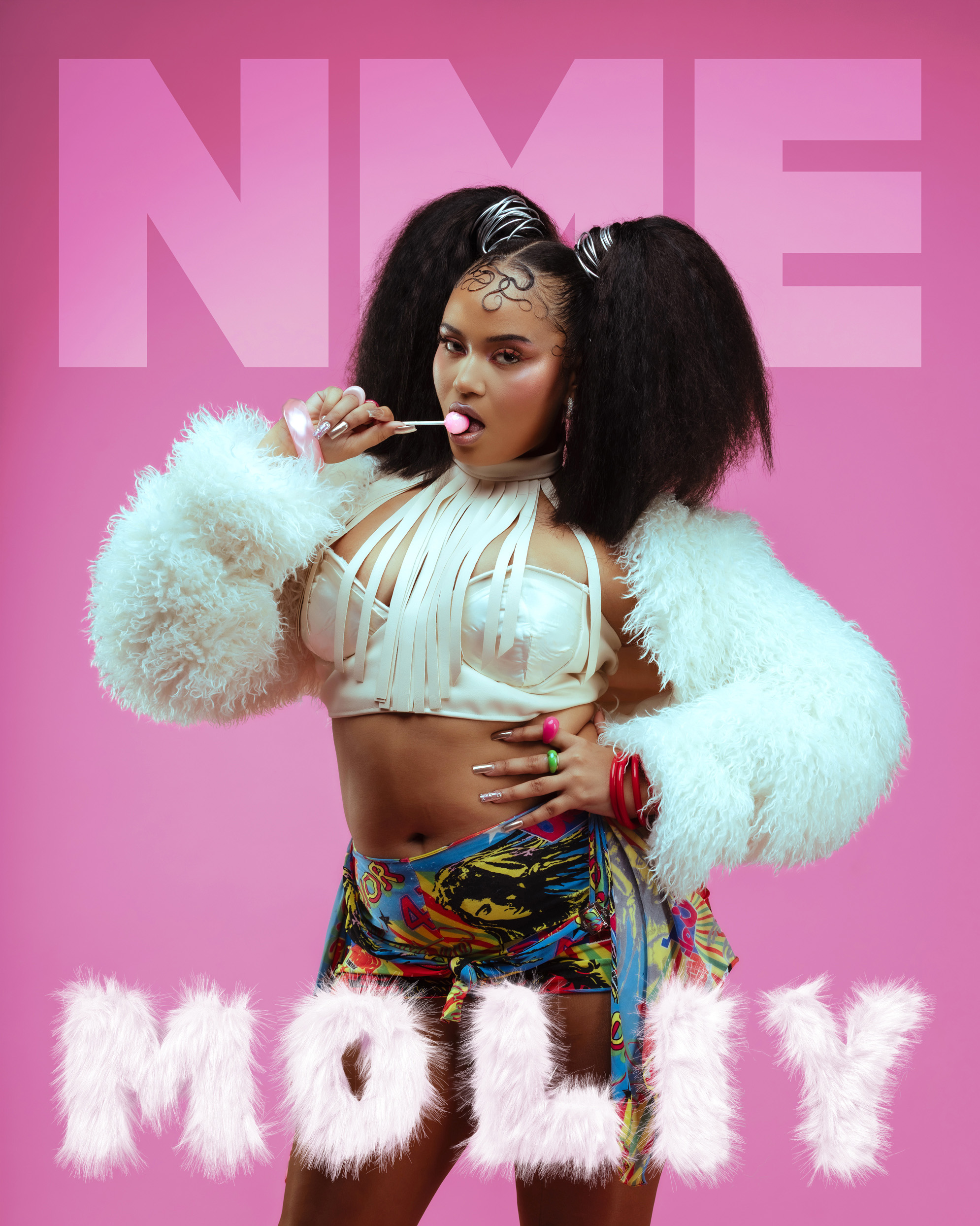 Moliy on The Cover of NME (2026), Moliy wears a shrug by Mars the Label, a top and neck piece by Alexandra Olaniyan, and a skirt and shoes by Dior, photo by Nirah Sanghani