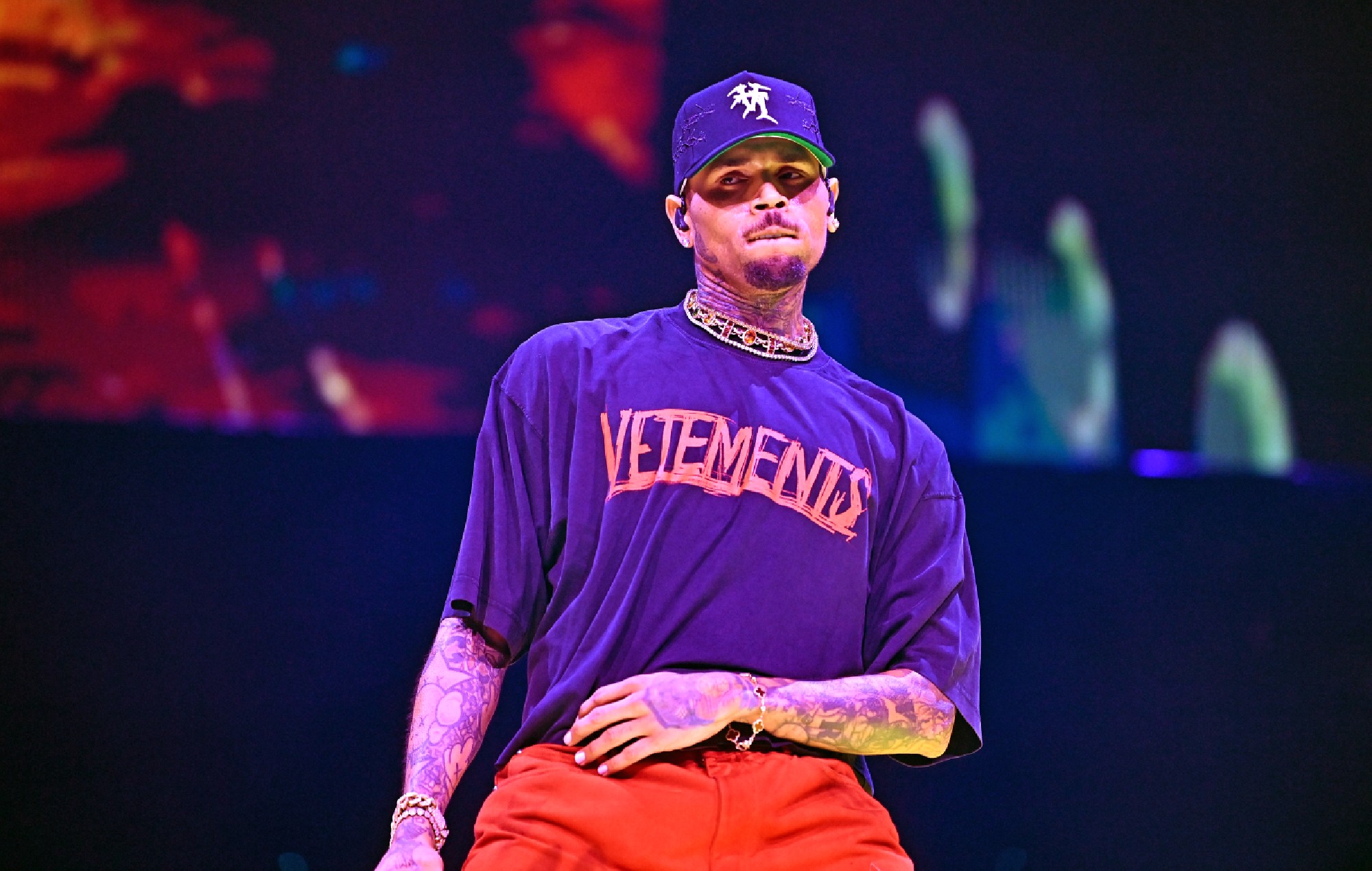 Chris Brown performing onstage during his '11:11' tour at State Farm Arena on July 14, 2024 in Atlanta, Georgia