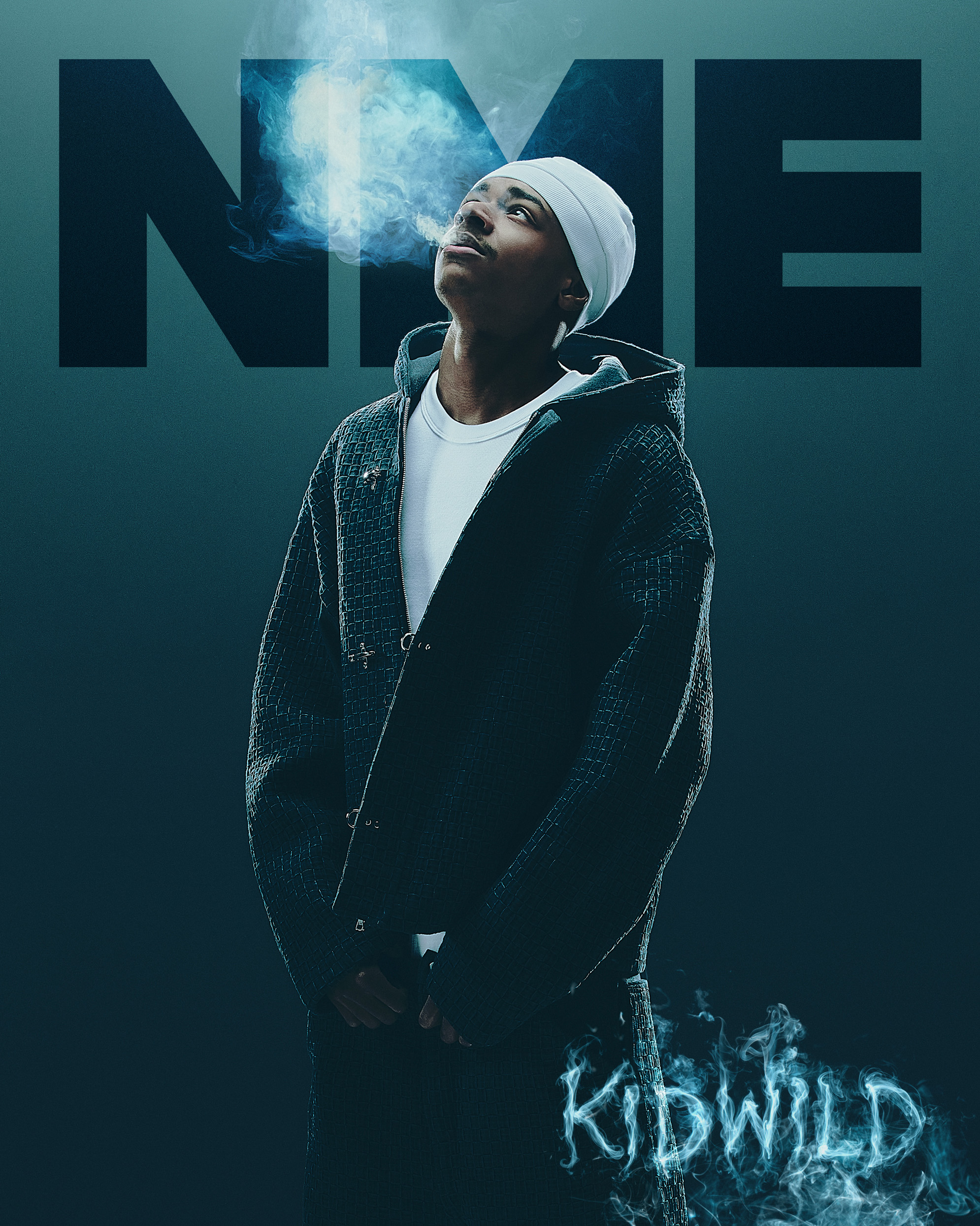 Kidwild on The Cover of NME (2026), he wears a denim set by BRYDER, photo by Ramsey Ramone