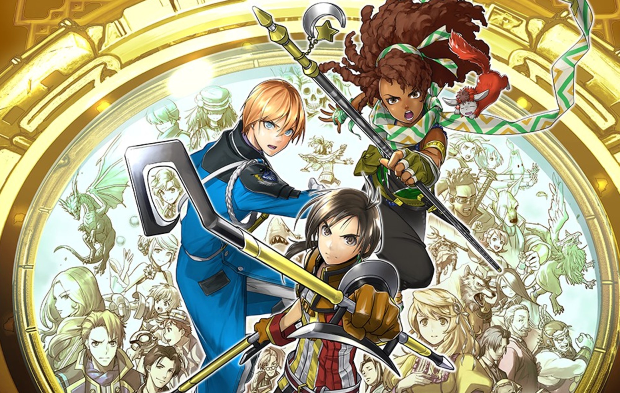 PS Plus April 2026 Games: Three heroes, alongside several others can be seen behind them. 